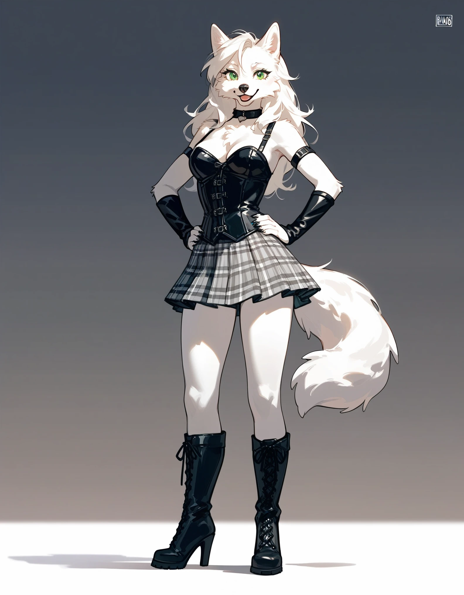 Solo,  score_9,score_8_up,score_7_up, source_cartoon, source_furry, an Anthro furry white husky girl, green eyes, husky dog female, all white fur, white ears, white tail, wearing black corset, black arm warmers, black and white plaid skirt, black stiletto boots, standing, hands on her hips, abstract black and white background 