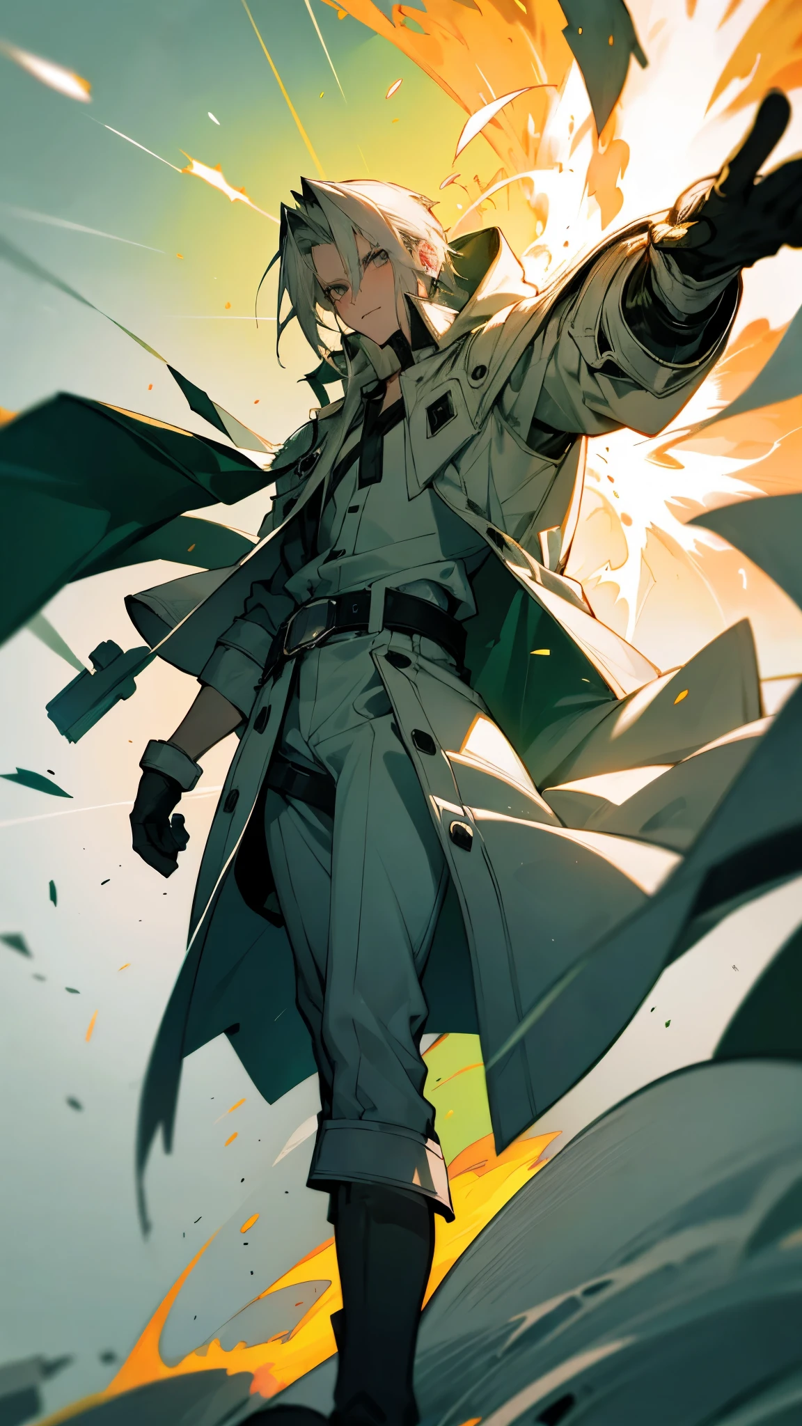 Tall man in his 30s with gray hair, gray eyes. Wearing a white hooded cape, dressed in a white button shirt, green short pants, and gloves. He also wears a belt and boots. Pose masculina. Background with explosion of colors