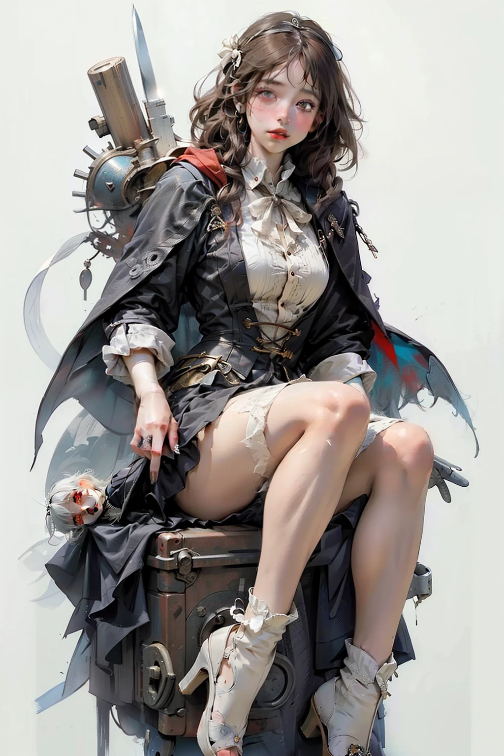 ((best quality)), ((masterpiece)), (detailed), perfect face, hand drawn style, hand painted style, watercolour, sketch, a knight, white background, plain background, Bloodborne inspired, tatty Bloodborne attire, occult aesthetic, occult, tatty red and white clothing detailed and intricate steampunk and detailed gothic lolita (with a hood), diadems, long coat, Complex laced boots, Fluttering lace flared long knee length dress with frilly petticoats, long dress, knee length dress, pleated petticoats, lolita dress, petticoats gothic lolita, beautiful small breasts, (((( Highly detailed face))), small thin nose, Small thin lips mouth, (((Very sharp focused eyes))), Very large slit precision pale grey eyes that shine like jewels. very long eyelashes, Silver hair swaying in the wind, Emitting a dazzling light in a mandala pattern, white background, Very dramatic and cinematic lighting, tatty damaged old red and white clothing, full body, whole body, body, cosmic horror, grim dark