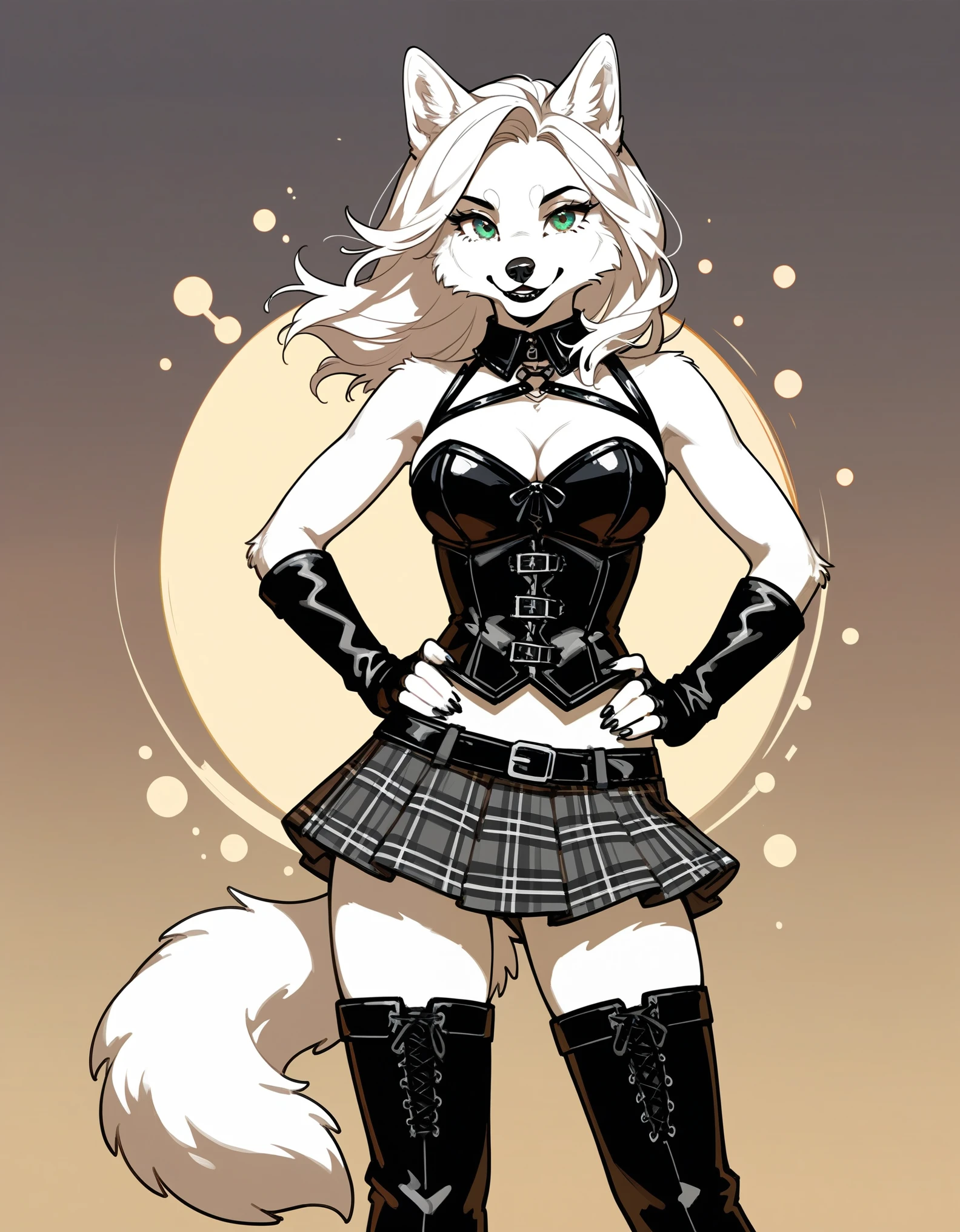 Solo, score_9,score_8_up,score_7_up, source_cartoon, source_furry, an Anthro furry white husky girl, green eyes, husky dog female, all white fur, black lips,white ears, white tail, wearing black corset, black arm warmers and fingerless gloves, black and white plaid skirt, black stiletto boots, standing, hands on her hips, abstract black and white background