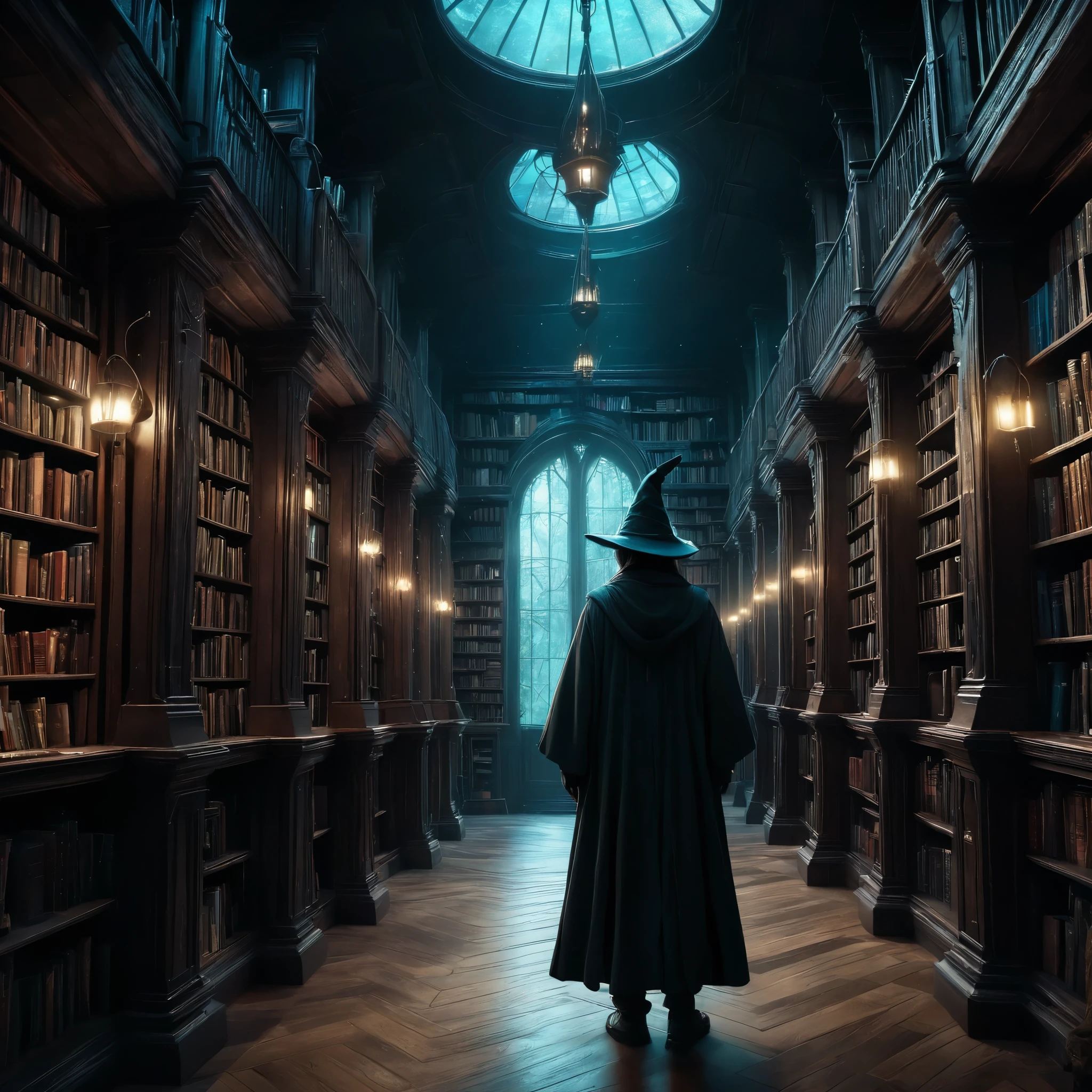 there is a man in a wizard hat walking through a library, standing inside a magic library, magic library, beeple and jean giraud, harry potter in cyberpunk, sci - fi and fantasy, fantasy science fiction, recusion beeple, gloomy library, fantasy cyberpunk horror, arcane books, science fiction fantasy, located in a wizard's shop, dark library