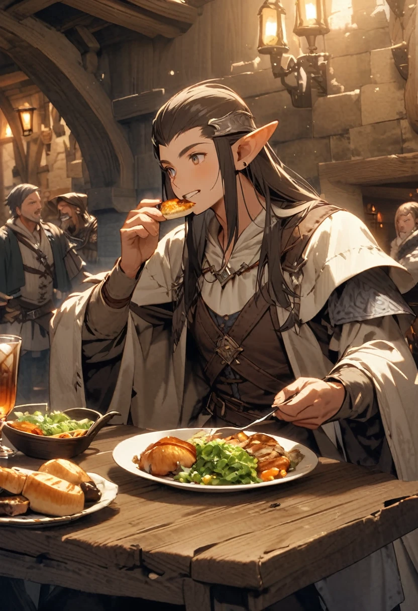 Half-elf man, elegant medieval fantasy clothes, sitting at the table eating in a medieval fantasy inn