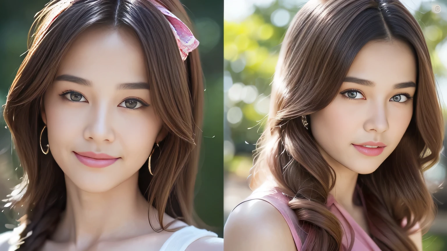 Gentle portrait of a beautiful Asian woman, with flowing hair, captivating blue eyes, very good smile, delicate features, radiant smile, natural makeup, elegantly dressed, ((Pink color GRACE KARIN Boatneck Sleeveless Vintage Tea Dress)), ( hair adornment、bow ribbon、frilld、shairband、Jewelry Accessories ), gentle expression, slight blush, warm skin tones, big fantastic lighting, soft shadows, high-resolution digital painting, realistic style, artistic interpretation, by a skilled portraitist.