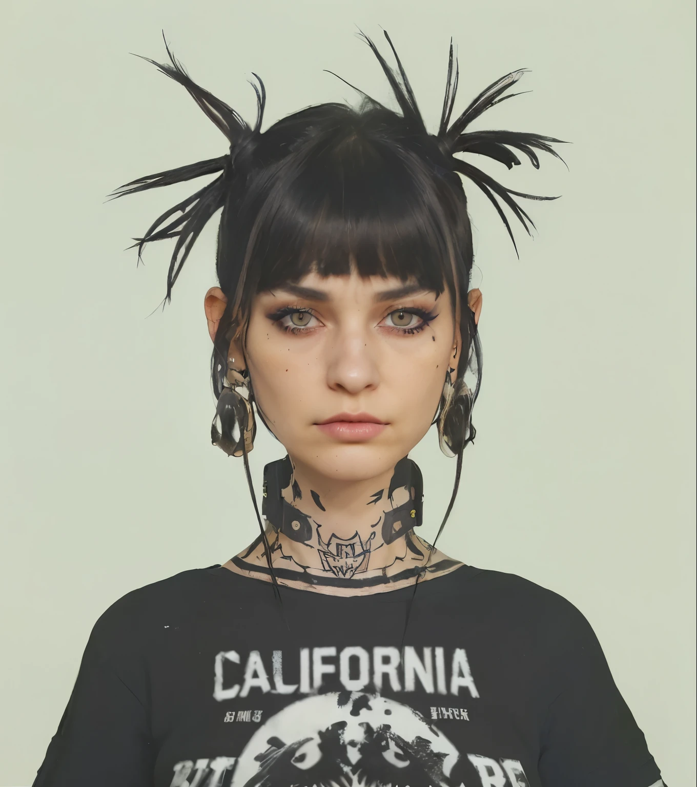 realistic photo of a rebel girl, black hair, sharp cheekbones, ear tunnels, squinted eyes, dark make-up, bruises under the eyes, bangs, brown eyes, neck tattoos, collar