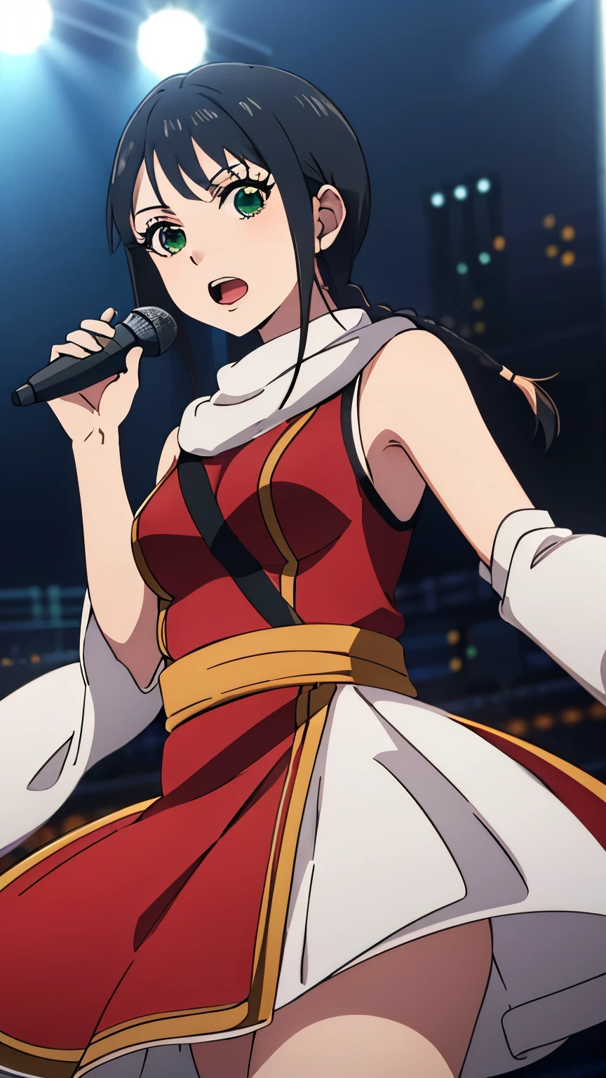 (masterpiece, best quality, 8k:1.2),Anime coloring,
1 girl, Kyoukai, black hair, braids, ponytail, green eyes, eyelashes, medium breasts, (idol costume, idol dress, idol stage, microphone, singing, open mouth), dynamic angle,alone, looking at the viewer, cowboy shot