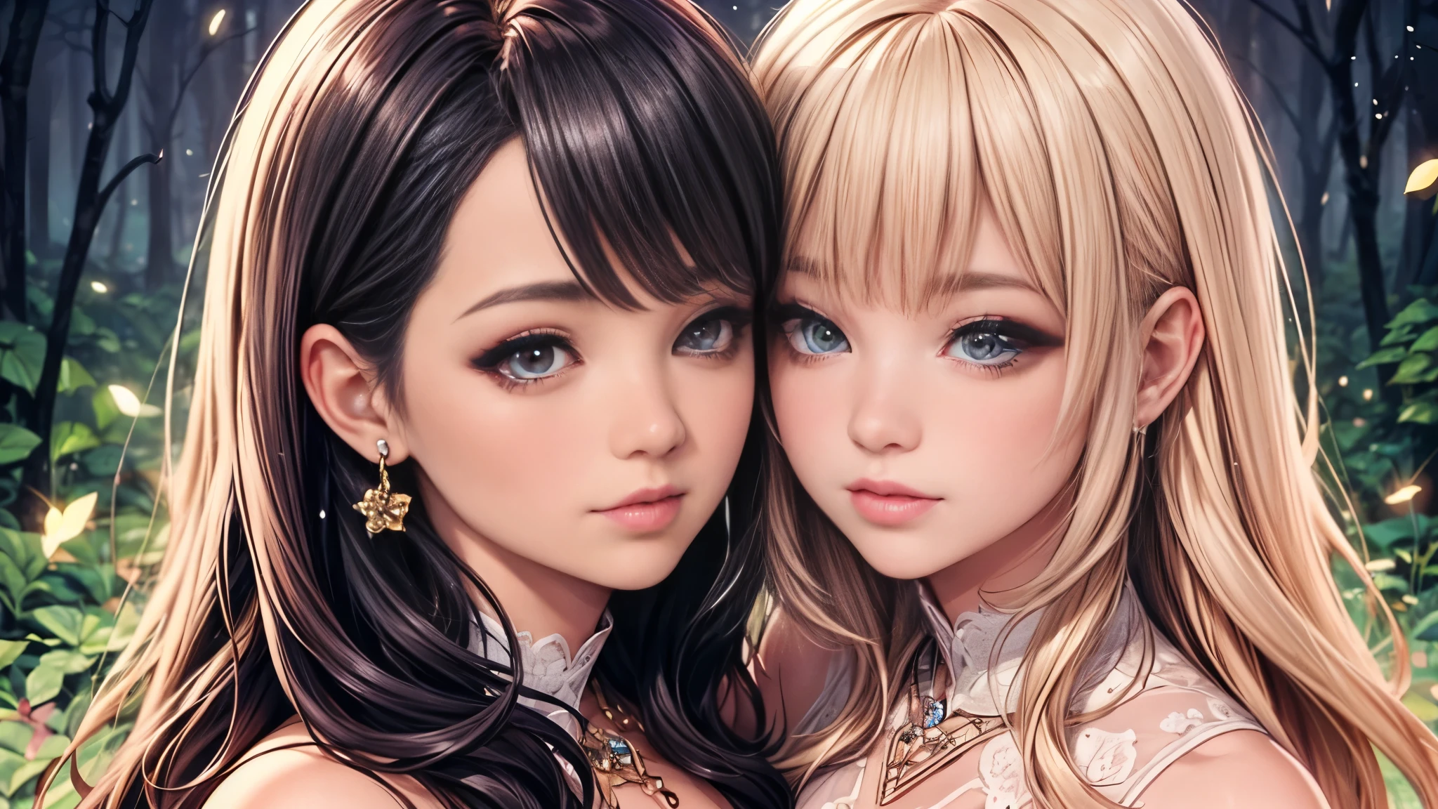 (highest quality,8K,cg),Upper body details, girl,flower forest background,Complex facial features,elegant long curly hair,large almond shaped eyes,detailed eye makeup,long eyelashes,twinkling stars,exquisite lip detail,soft and harmonious style.