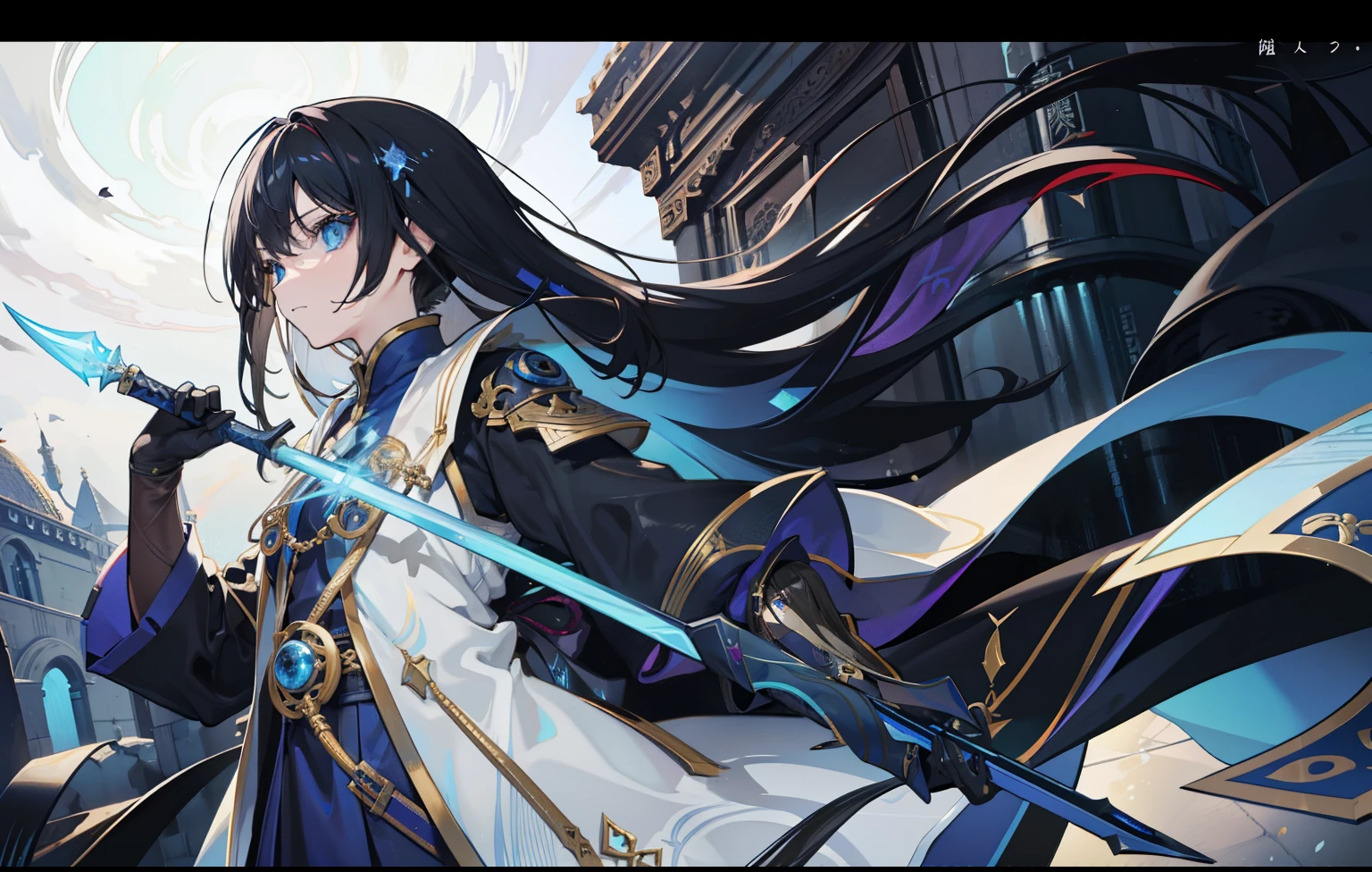 1 person, Reference table, (Fantasy character design, front, retreat, side) Feminine, assassin, Dark device users, In terms of body shape, Have no sting in it. Magical blue eyes, Black long hair, Neatly stored. 瘦assassin服装.