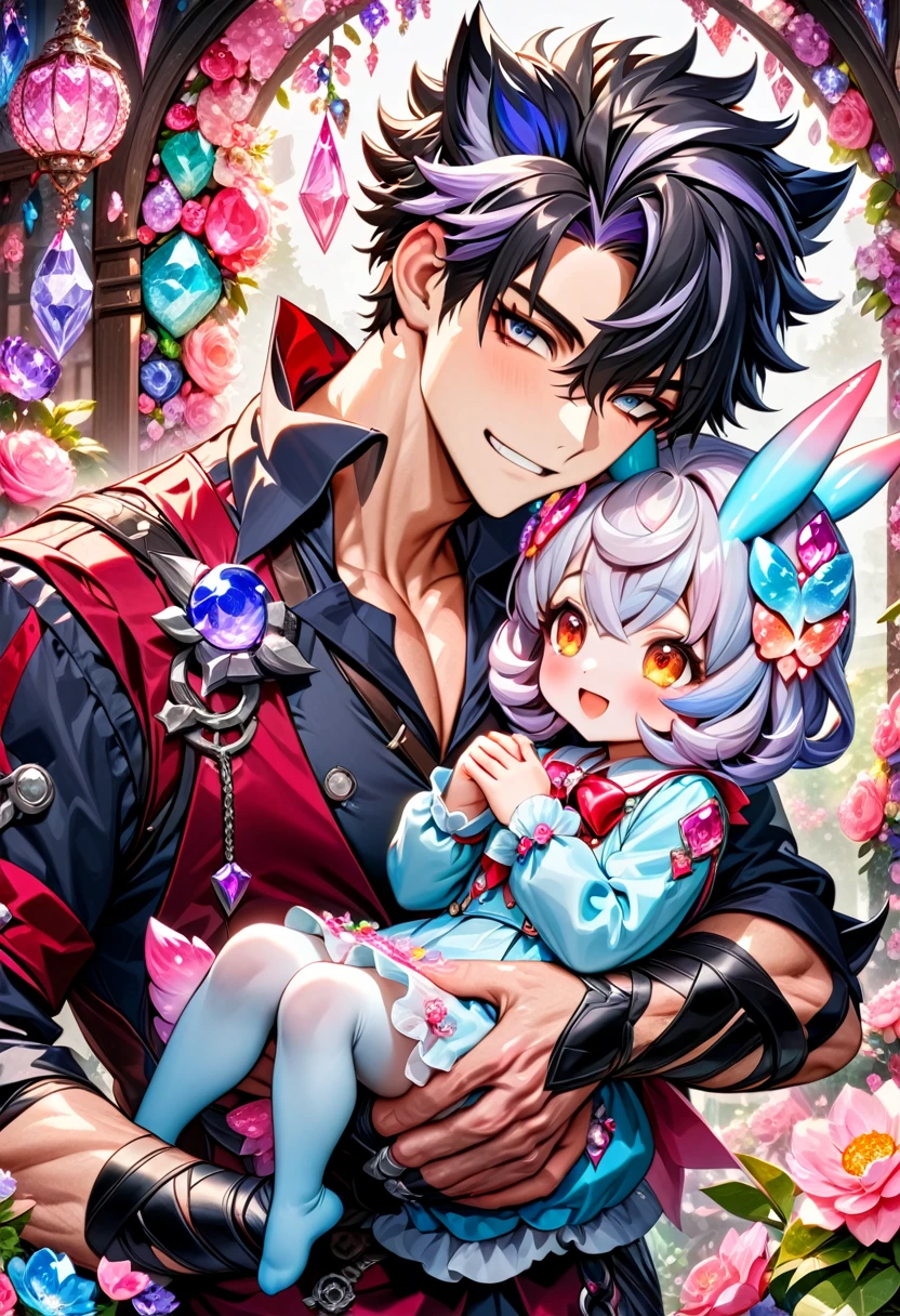 (absurdres, highres, ultra detailed, HDR) master piece, best quality, perfect face, Wriothesley, black hair, expressive gray eyes, genshin impact, happy, handsome man carrying a cute small girl, Sigewinne, light-purple hair, expressive orange eyes, pink flowers, glass pink petals, glass pink butterflies, glass garden, glass blossoms, everything made with glass, pink gemstones