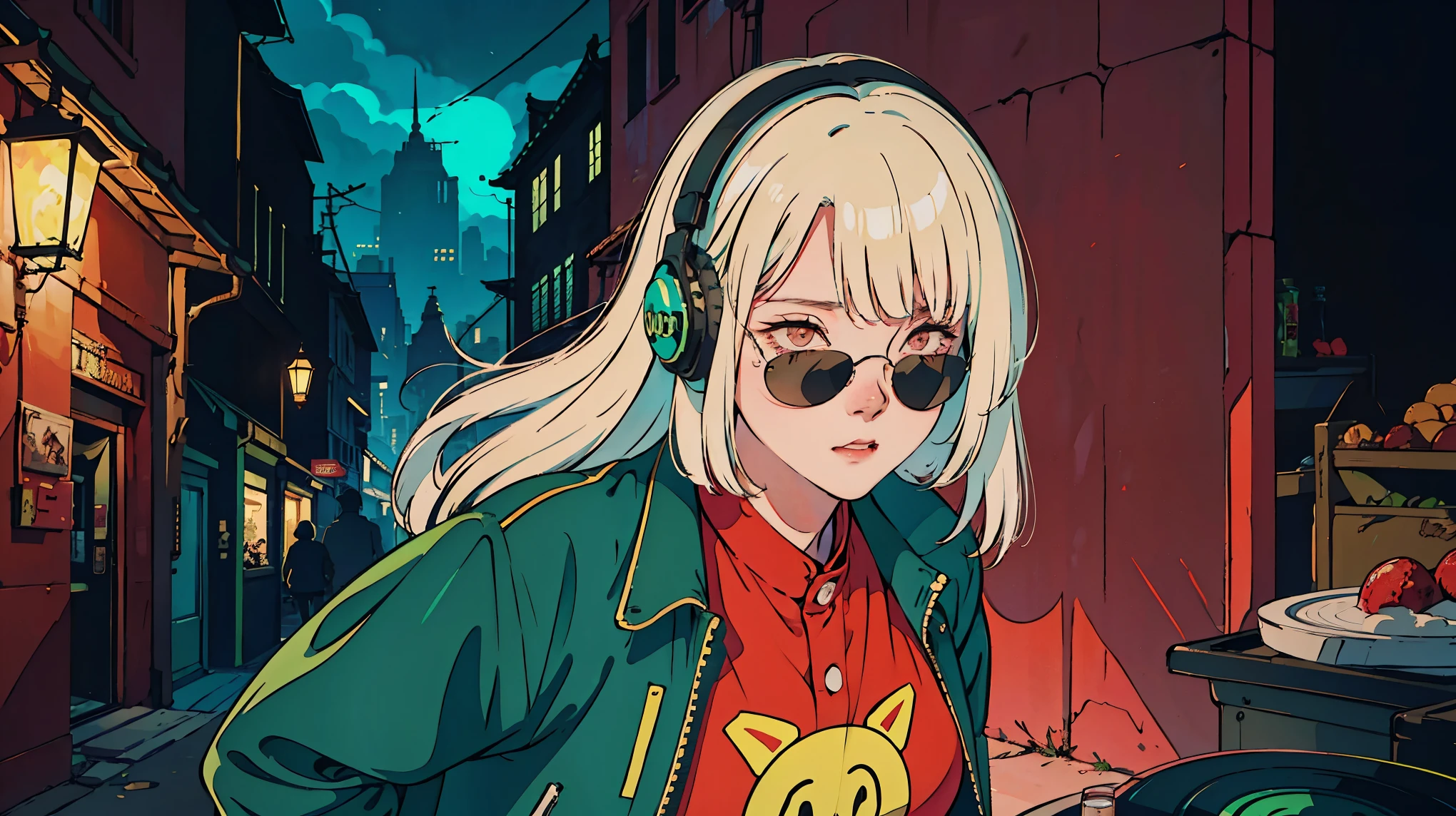 Beautiful Korean Women、one person, one personの女性, Ash Blonde Hair, headphone, He is wearing a leather jacket and red sunglasses., Turntable behind her, Black cat, Charming character, action, Gadget Punk, solapunk, Colorful street scene, Crimson and amber, Neon Black, Soft lighting, night, nighttime, Realistic, red lighting, Green Lighting, Hard Shadows, masterpiece, highest quality, complicated, Model shooting style, Vintage, Film Grain, Incomplete details