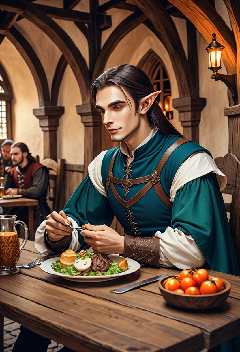 Half-elf man, elegant medieval fantasy clothes, sitting at the table eating in a medieval fantasy inn
