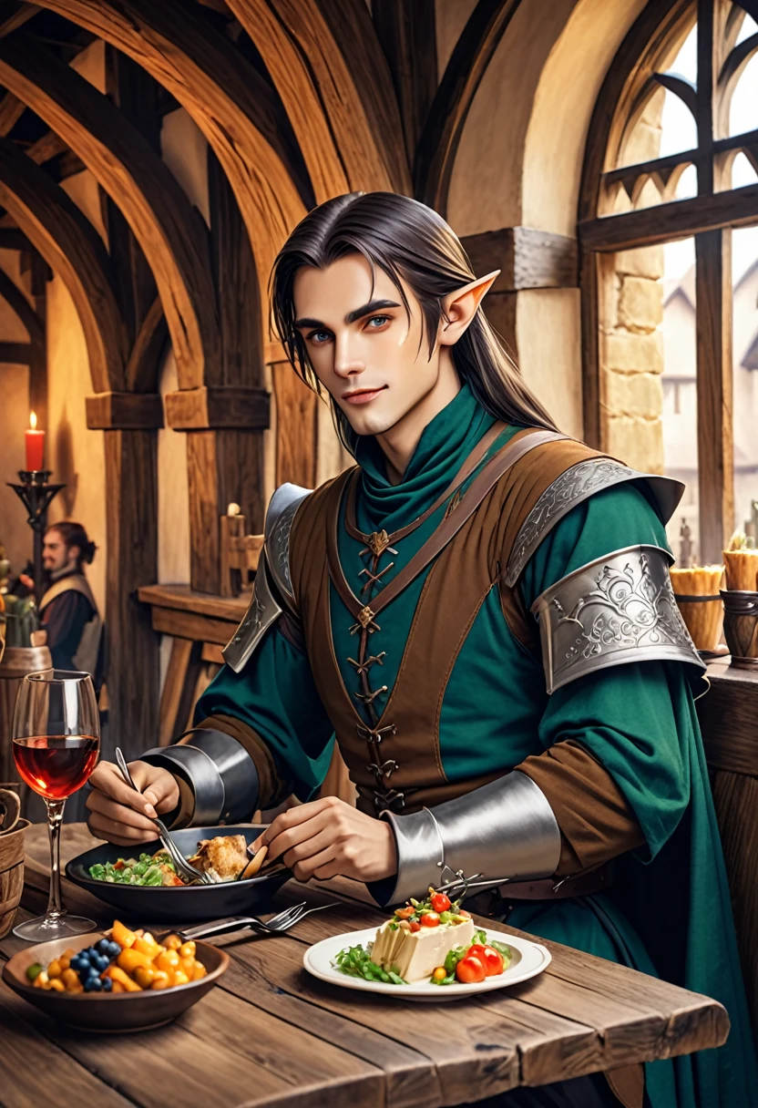 Half-elf man, elegant medieval fantasy clothes, sitting at the table eating in a medieval fantasy inn