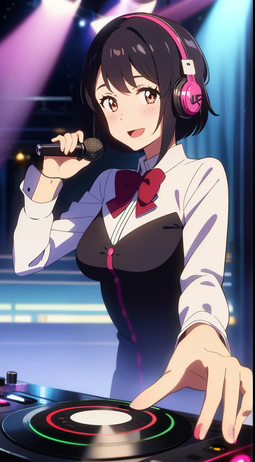 shinkai makoto, kimi no na wa., 1girl, bangs, black hair, brown eyes, blush, Lolita Performance Wear, red bow, red headband, red ribbon, short hair, looking at the viewer, cute, smile, open mouth, :D, couple, long sleeves, bracelet, DJ girl, DJ Headphones, nightclubs, mirror ball, headphones, disco, showcasing her skills on the turntables, Glitter, perfect hand, Live Performances, colorful light