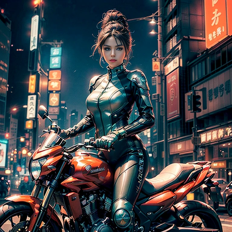 (8k, Official Art、CG)、Beautiful and aesthetic、Charm, Very detailed, (Beautiful woman riding a light green high-tech motorcycle:1.2)、((Delicate face、Detailed eyes and face、double eyelid、Red lipature adult woman、Dark brown updo、Rider Suit、boots、Very detailed衣装、City night view, She is standing on a street lined with skyscrapers. The night view of the city is bright, Add a touch of technology.Neon lights etc. , High-tech equipment and architectural design.  Ultra-high resolution, highest quality, 8K,masterpiece、Ultra HD、Dramatic lighting, Award-winning quality、Bike Focus