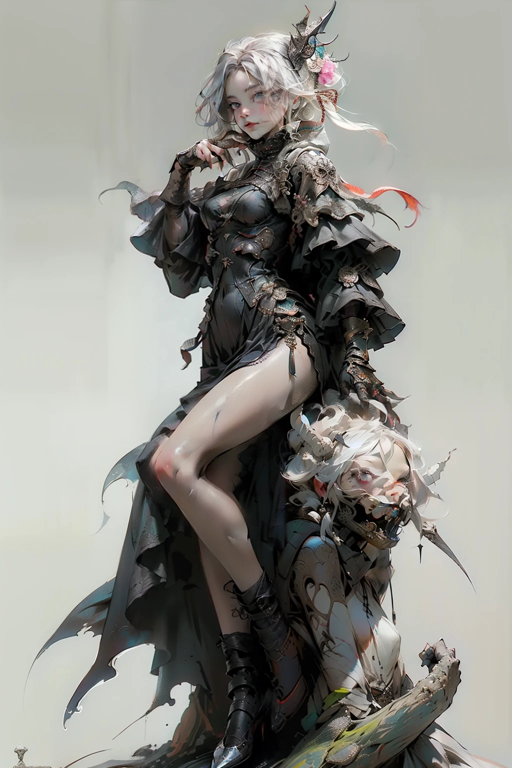((best quality)), ((masterpiece)), (detailed), perfect face, hand drawn style, hand painted style, watercolour, sketch, a knight, white background, plain background, Bloodborne inspired, tatty Bloodborne attire, occult aesthetic, occult, tatty red and white clothing detailed and intricate steampunk and detailed gothic lolita (with a hood), diadems, long coat, Complex laced boots, Fluttering lace flared long knee length dress with frilly petticoats, long dress, knee length dress, pleated petticoats, lolita dress, petticoats gothic lolita, beautiful small breasts, (((( Highly detailed face))), small thin nose, Small thin lips mouth, (((Very sharp focused eyes))), Very large slit precision pale grey eyes that shine like jewels. very long eyelashes, Silver hair swaying in the wind, Emitting a dazzling light in a mandala pattern, white background, Very dramatic and cinematic lighting, tatty damaged old red and white clothing, full body, whole body, body, cosmic horror, grim dark