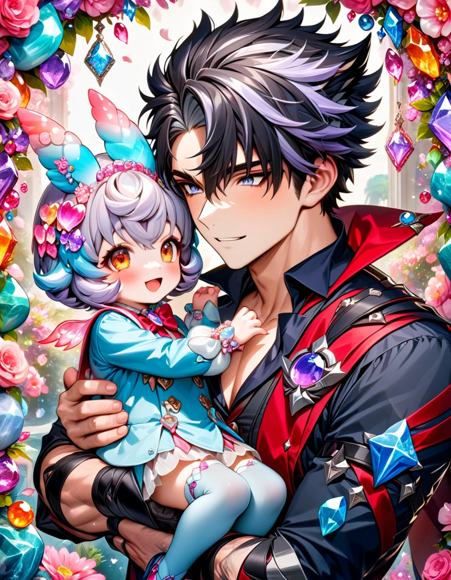 (absurdres, highres, ultra detailed, HDR) master piece, best quality, perfect face, Wriothesley, black hair, expressive gray eyes, genshin impact, happy, handsome man carrying a cute small girl, Sigewinne, light-purple hair, expressive orange eyes, pink flowers, glass pink petals, glass pink butterflies, glass garden, glass blossoms, everything made with glass, pink gemstones