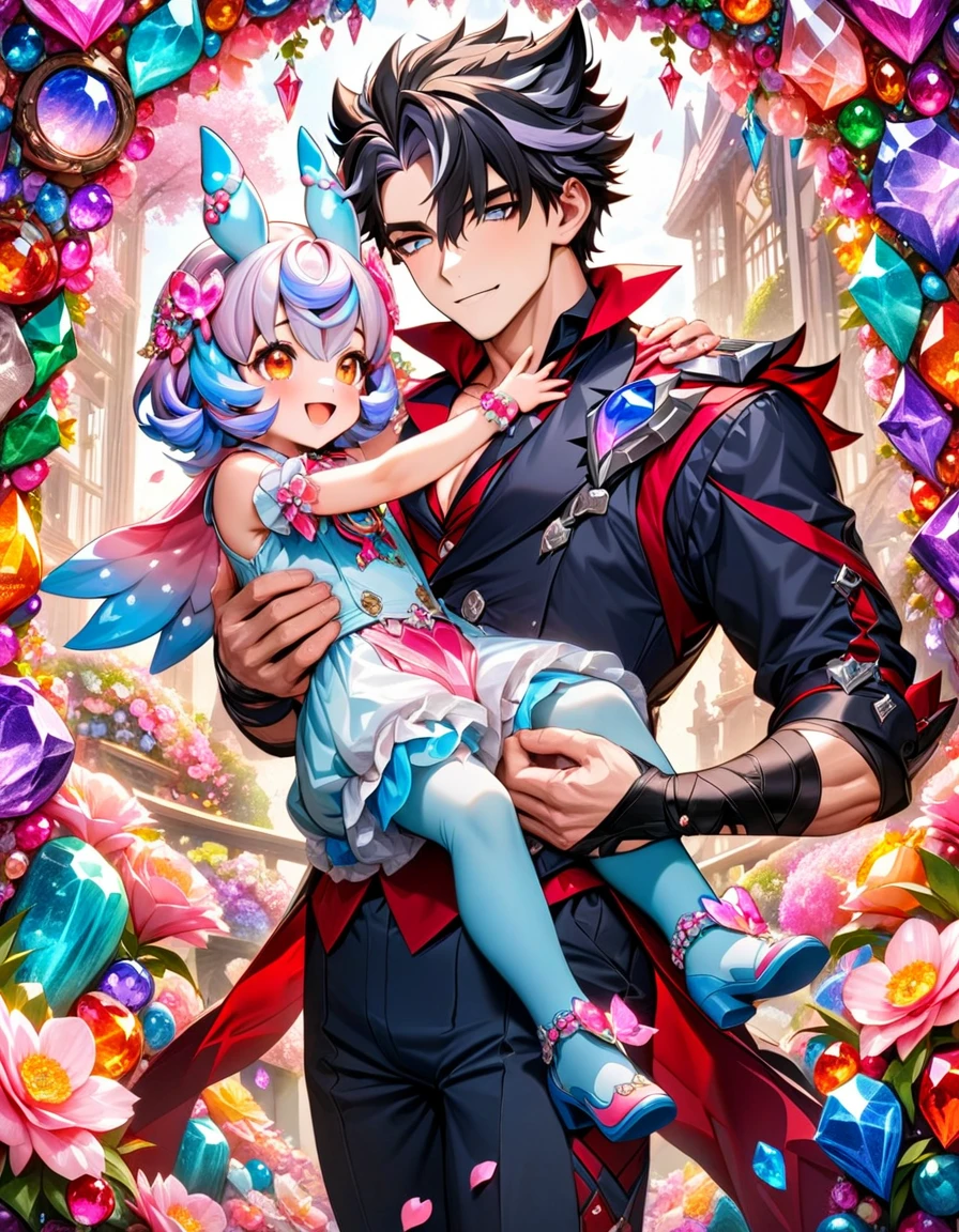 (absurdres, highres, ultra detailed, HDR) master piece, best quality, perfect face, Wriothesley, black hair, expressive gray eyes, genshin impact, happy, handsome man carrying a cute small girl, Sigewinne, light-purple hair, expressive orange eyes, pink flowers, glass pink petals, glass pink butterflies, glass garden, glass blossoms, everything made with glass, pink gemstones