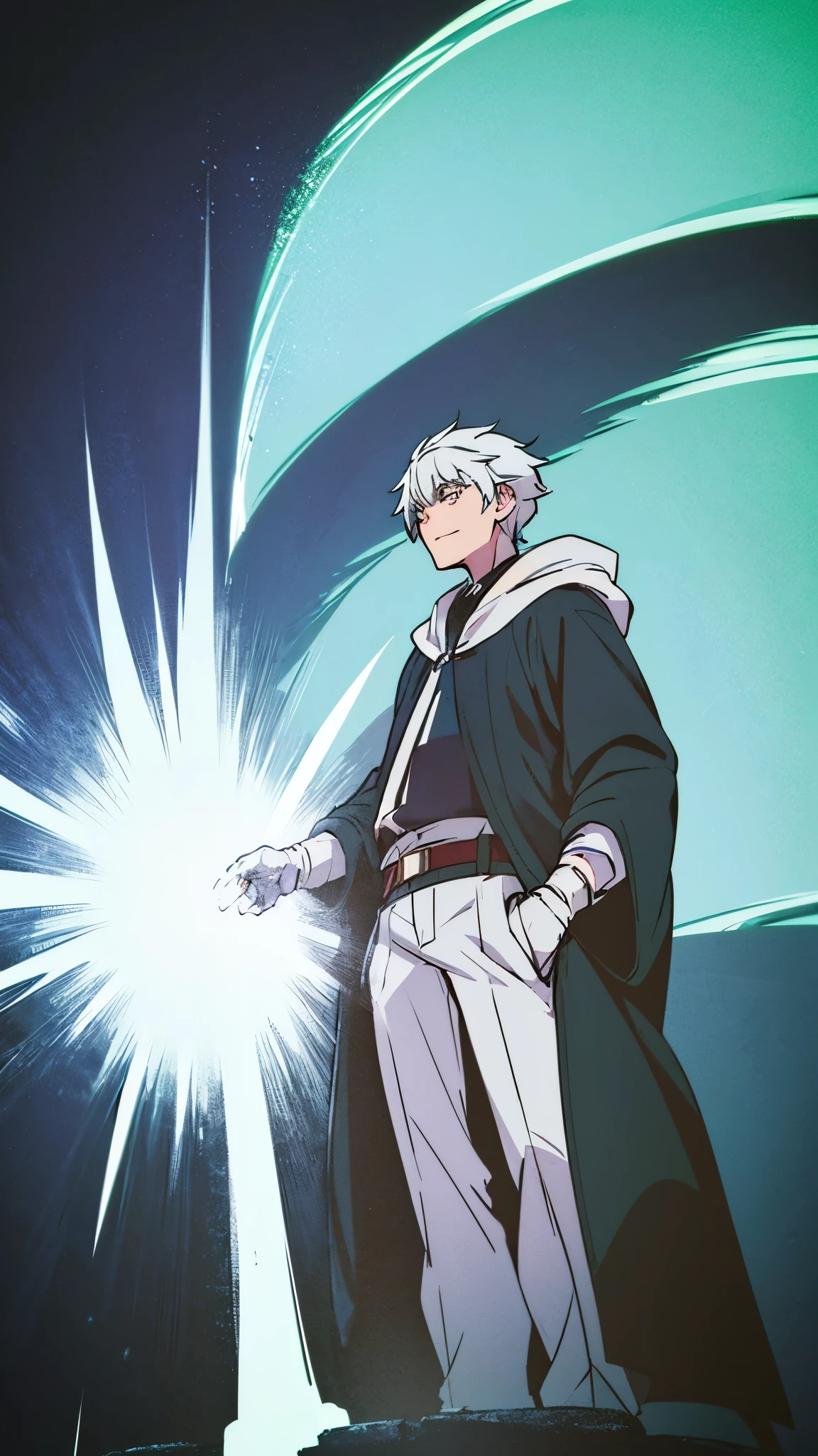 Tall man in his 30s with gray hair, gray eyes. Wearing a white hooded cape, dressed in a white button shirt, green short pants, and gloves. He also wears a belt and boots. Pose masculina. Background with explosion of colors