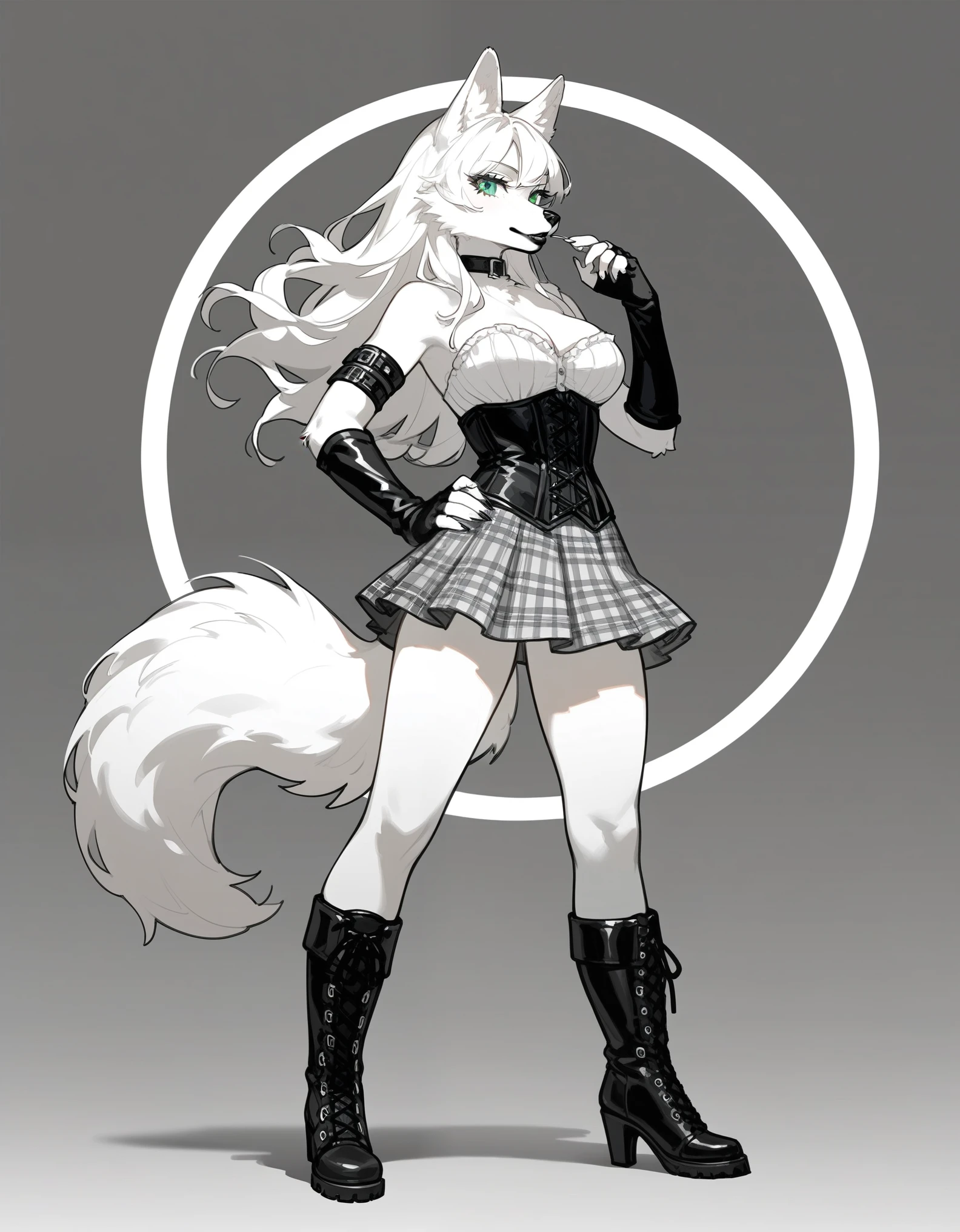 Solo, score_9,score_8_up,score_7_up, source_cartoon, source_furry, an Anthro furry white husky girl, green eyes, husky dog female, all white fur, white ears, white tail, wearing black corset, black arm warmers, black and white plaid skirt, black stiletto boots, standing, hands on her hips, abstract black and white background