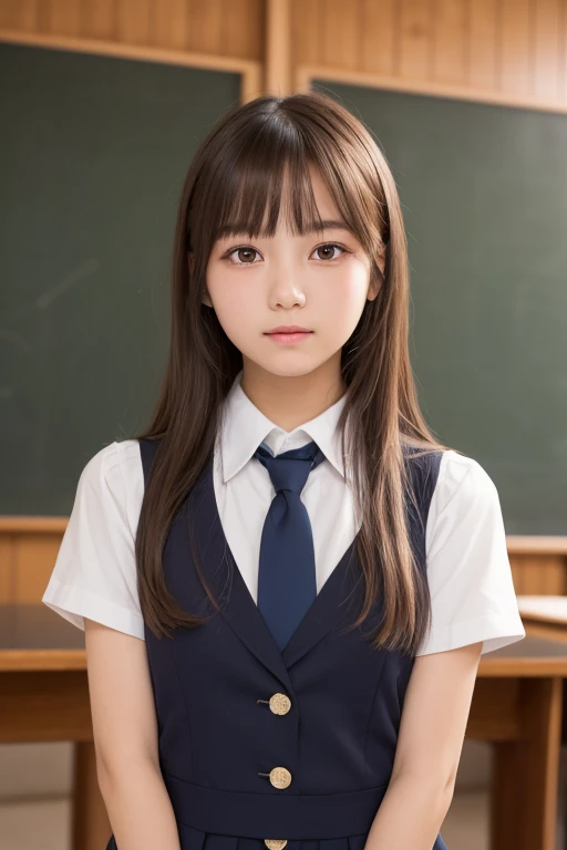 masterpiece, highest quality, One Girl, (Beautiful girl, cute:1.3), (:1.3), Very fine grain definition, (Symmetrical eyes:1.3), (stage), (Japanese school girl uniform:1.3), Beautiful breasts, Bro, Parted bangs, Brown Hair, (Eye and facial details:1.0)