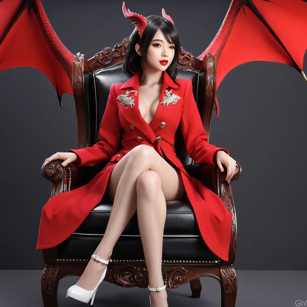 A woman (sagging breasts) in a red coat sitting on a chair with a dragon, popular on ArtStation Pixiv, detailed anime artwork, detailed digital anime art, complex gorgeous anime CGI style, guvez on pixiv art station, guvez on pixiv, anime fantasy illustration, detailed anime art, clean detailed anime art, detailed key anime art, red lip micro-open, nude