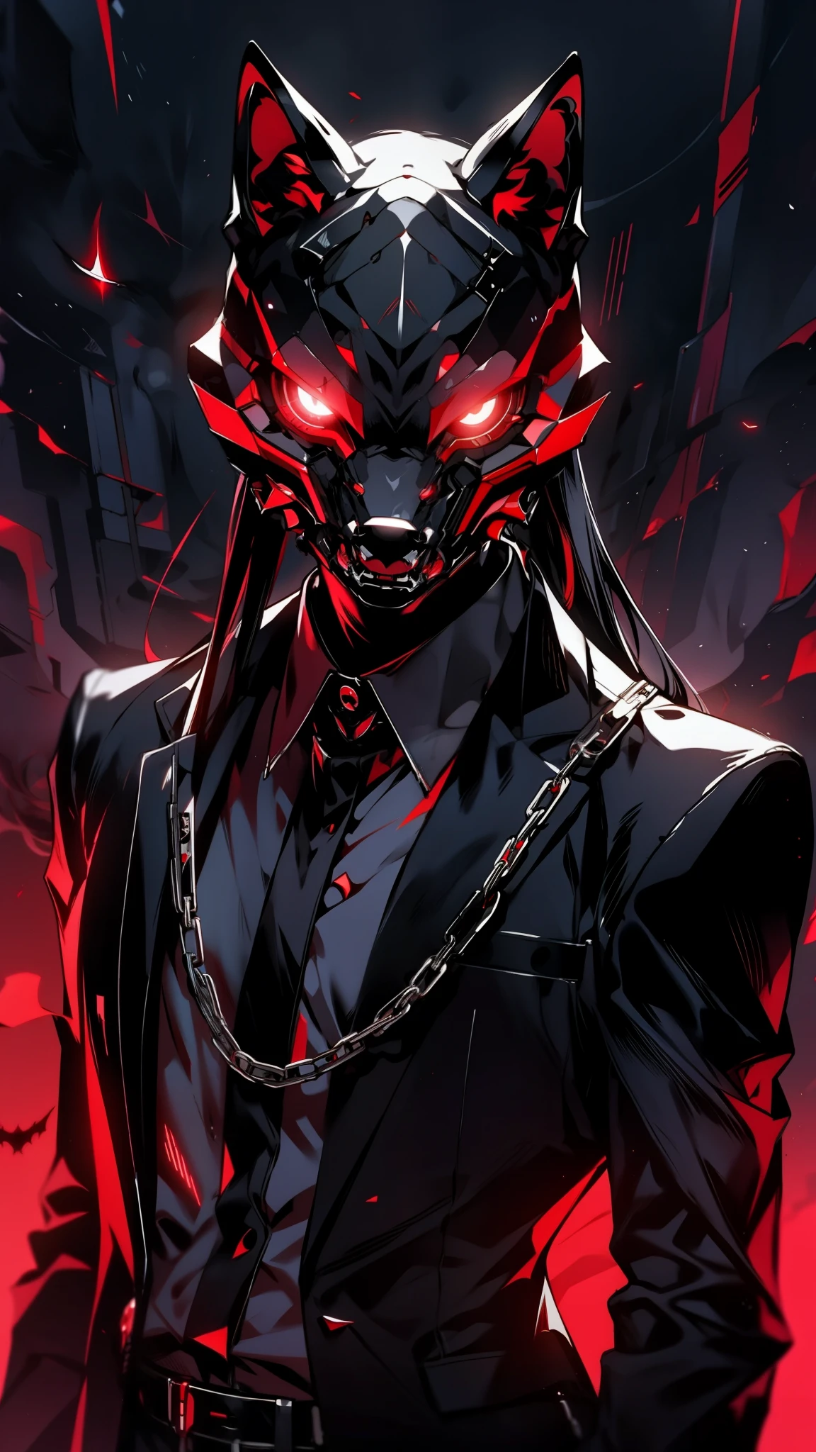 thin outlines, anime style, cool and edgy, A mysterious figure in a dark suit with robotic features, holding a chain, wearing a high-tech wolf mask with glowing red eyes, standing against a stark red background, dramatic lighting, cyberpunk, dark, sleek design, futuristic, fashionable, posing, colorful, confident, expression, accessory, coiled, around, stylish, striking, modern, fashion