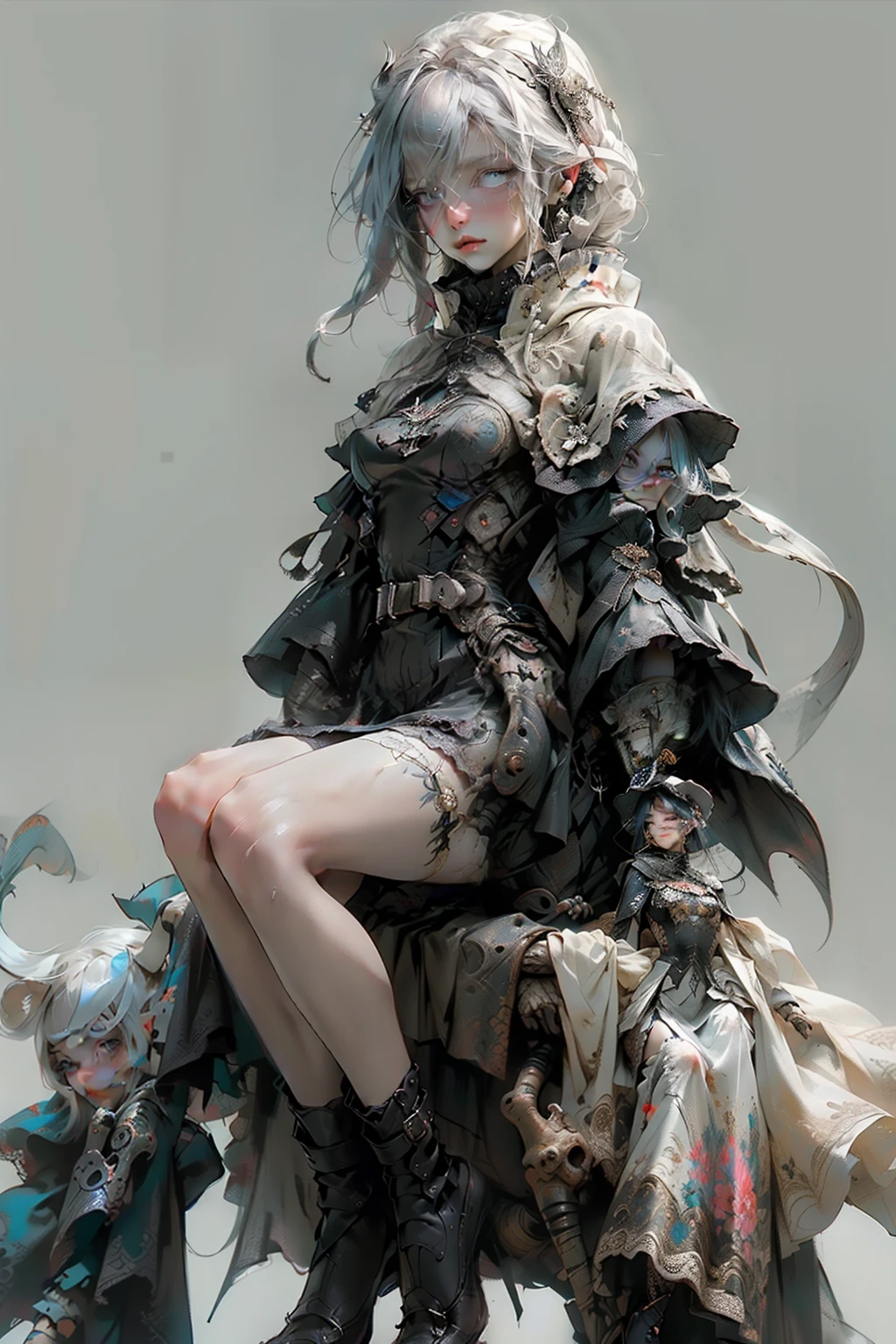 ((best quality)), ((masterpiece)), (detailed), perfect face, hand drawn style, hand painted style, watercolour, sketch, a knight, white background, plain background, Bloodborne inspired, tatty Bloodborne attire, occult aesthetic, occult, tatty red and white clothing detailed and intricate steampunk and detailed gothic ta (with a hood), diadems, long coat, Complex laced boots, Fluttering lace flared long knee length dress with frilly petticoats, long dress, knee length dress, pleated petticoats, loliress, petticoats gothic lolita, tiful small breasts, (((( Highly detailed face))), small thin nose, Small thin lips mouth, (((Very sharp focused eyes))), Very large slit precision pale grey eyes that shine like jewels. very long eyelashes, Silver hair swaying in the wind, Emitting a dazzling light in a mandala pattern, white background, Very dramatic and cinematic lighting, tatty damaged old red and white clothing, full body, whole body, body, cosmic horror, grim dark