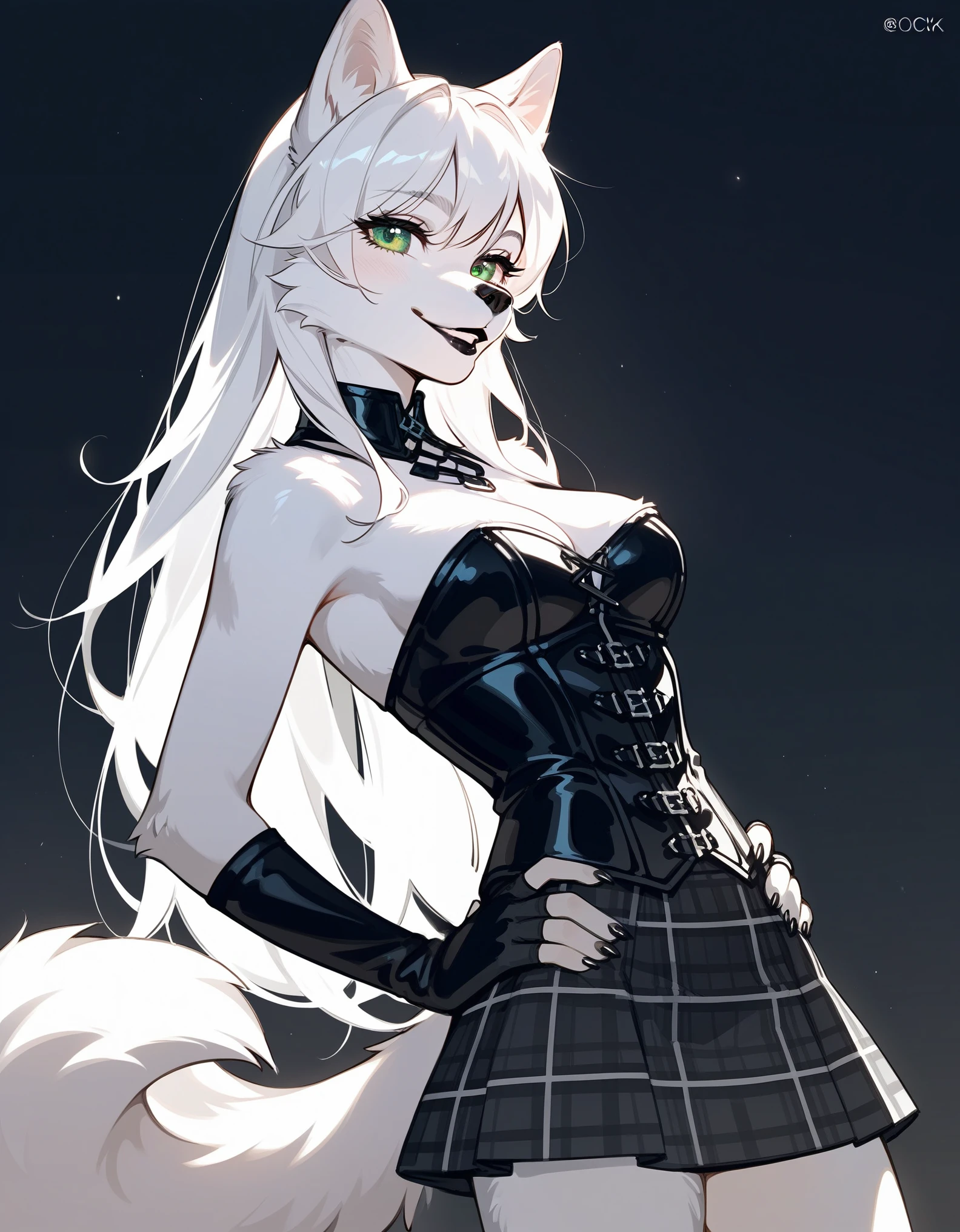 Solo, score_9,score_8_up,score_7_up, source_cartoon, source_furry, an Anthro furry white husky girl, green eyes, husky dog female, all white fur, long straight white hair, black lips,white ears, white tail, wearing black corset, black arm warmers and fingerless gloves, black and white plaid skirt, standing, hands on her hips, abstract black and white background, close up, portrait, soft lines, soft colors, soft shading, cocky smile, side view
