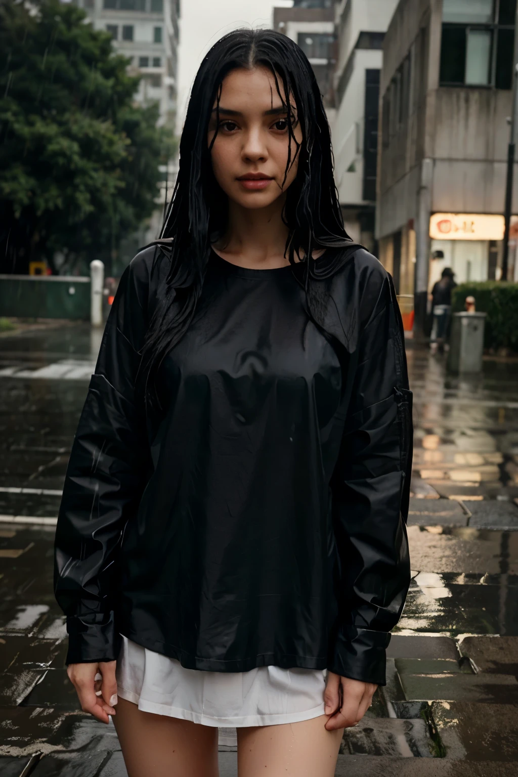 girl with wet long black hair, in a white long-sleeved shirt,standing wet in the rain 