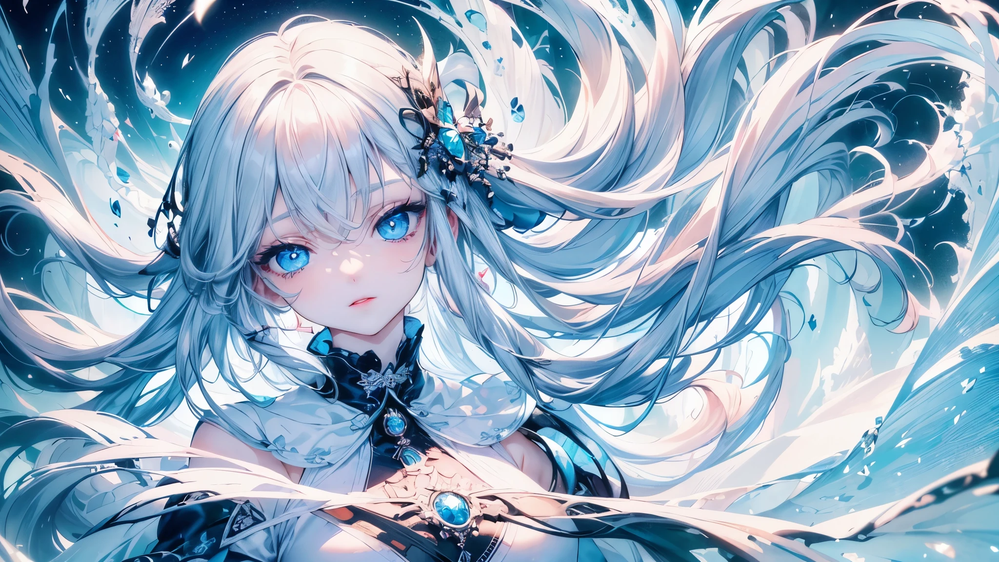 4K quality:1.2,1girl,sense of deps,disorganized,catch light,Super beautiful illustration,((White,long hairstyles:1.3)),dark dark eyeshadow,(((4k,super beautiful,In detail,blue eyes))),bright red lipstick,gothic lolita,;D,beautiful and delicate hair