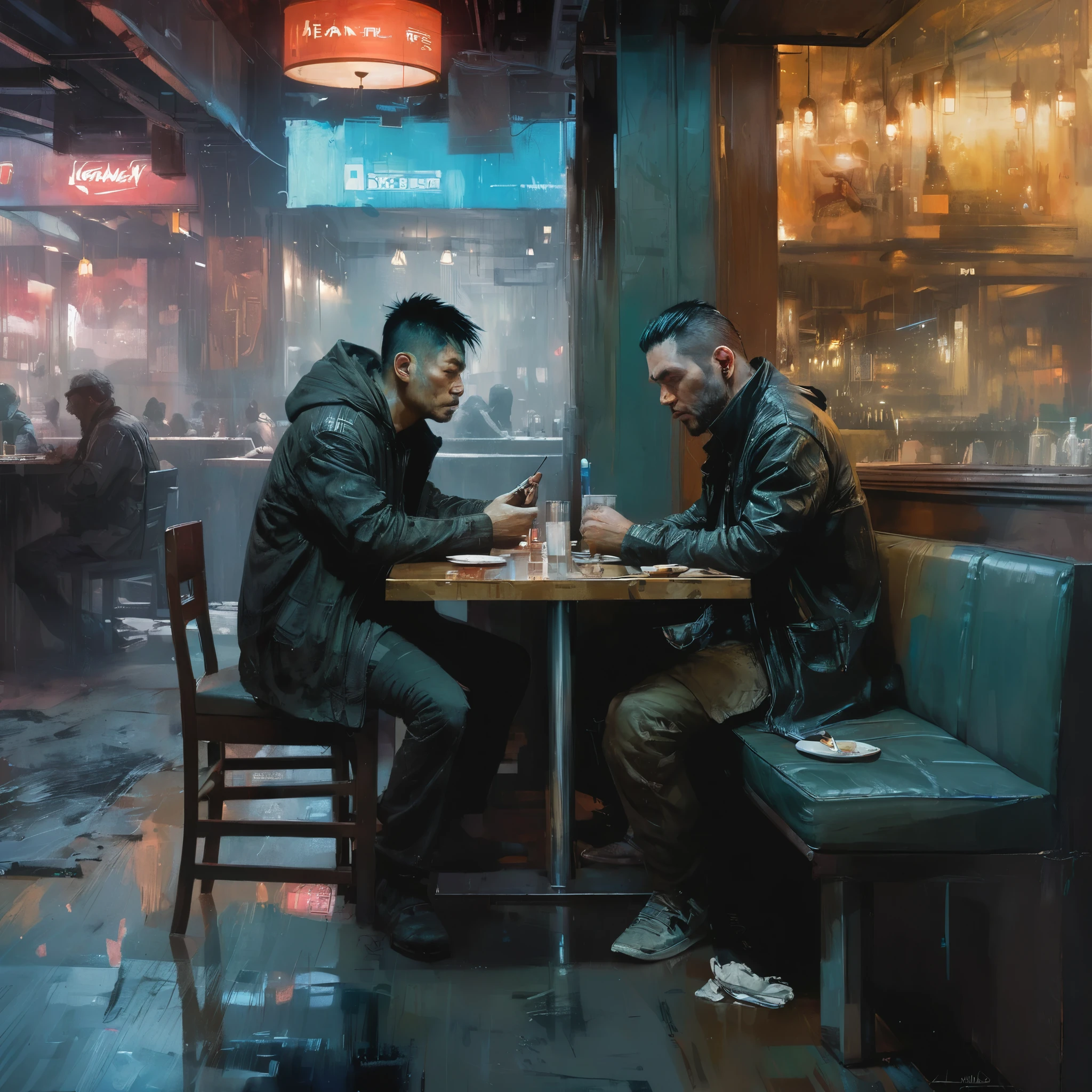 painting of a man sitting at a table in a restaurant, inspired by Liam Wong, craig mullins style, by Liam Wong, cyberpunk homeless, with influence of jeremy mann, by Nick Fudge, in a cyberpunk setting, james gurney painting style, style of jeremy mann, craig mullins nekro, jeremy mann painting, cyberpunk street goon, craig mullins dark key