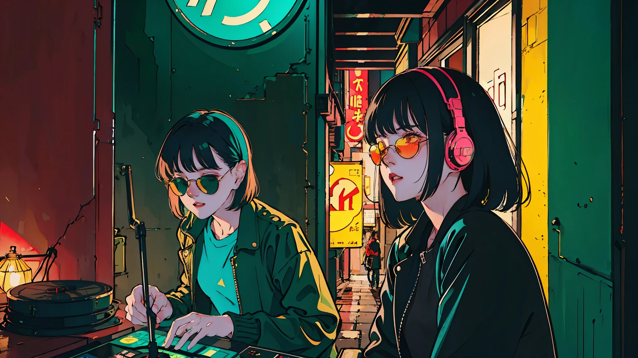 Beautiful Korean Women、one person, one personの女性, Black Hair, headphone, He is wearing a leather jacket and red sunglasses., Turntable in the room, In the style of neon realism, Charming character, action, Gadget Punk, solapunk, Colorful street scene, Crimson and amber, Neon Black, Soft lighting, night, nighttime, Realistic, red lighting, Green Lighting, Hard Shadows, masterpiece, highest quality, complicated, Model shooting style, Vintage, Film Grain, Incomplete details