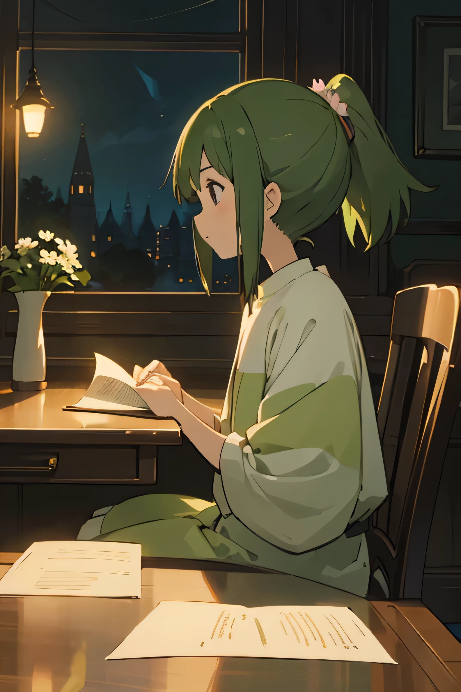 One Girl、Green hair with yellow mesh、Brown eyes、Beautiful Eyes、detailed、Detailed sky、Paper ornament with flower mark、 6 ,profile,Left facing,In the rooms of the house,Sitting in a chair,There is a book on the desk and I am reading it,night,indirect lighting,Facing directly left,Lofi-like angle of view 