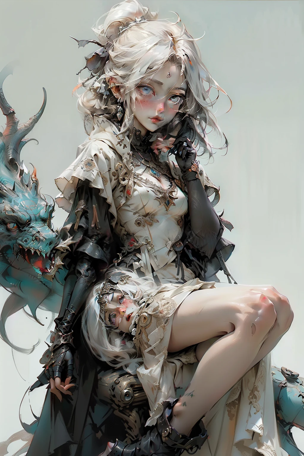 ((best quality)), ((masterpiece)), (detailed), perfect face, hand drawn style, hand painted style, watercolour, sketch, a knight, white background, plain background, Bloodborne inspired, tatty Bloodborne attire, occult aesthetic, occult, tatty red and white clothing detailed and intricate steampunk and detailed gothic lolita (with a hood), diadems, long coat, Complex laced boots, Fluttering lace flared long knee length dress with frilly petticoats, long dress, knee length dress, pleated petticoats, lolita dress, petticoats gothic lolita, beautiful small breasts, (((( Highly detailed face))), small thin nose, Small thin lips mouth, (((Very sharp focused eyes))), Very large slit precision pale grey eyes that shine like jewels. very long eyelashes, Silver hair swaying in the wind, Emitting a dazzling light in a mandala pattern, white background, Very dramatic and cinematic lighting, tatty damaged old red and white clothing, full body, whole body, body, cosmic horror, grim dark