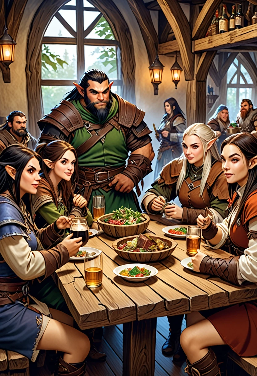 group of seven fantasy adventurers sitting at a tavern table eating. a dwarf, a half-elf, a human cleric, a human thief, a human sorceress, a half-orc barbarian, a human druid