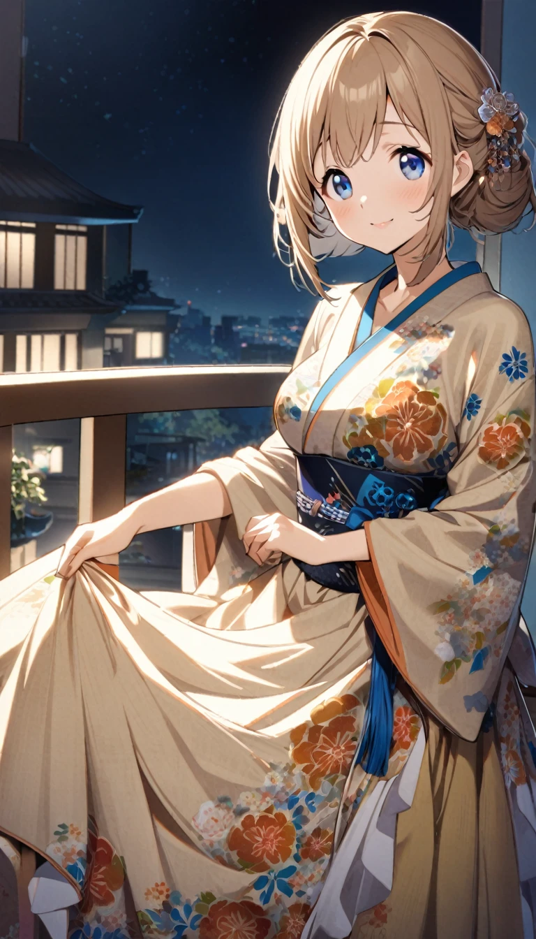 1girl,light brown color medium length hair,tareme,(blue eyes)+,kind smile,medium breasts,fusion of floral print kimono and ball gown,balcony,night,cowboy shot,
