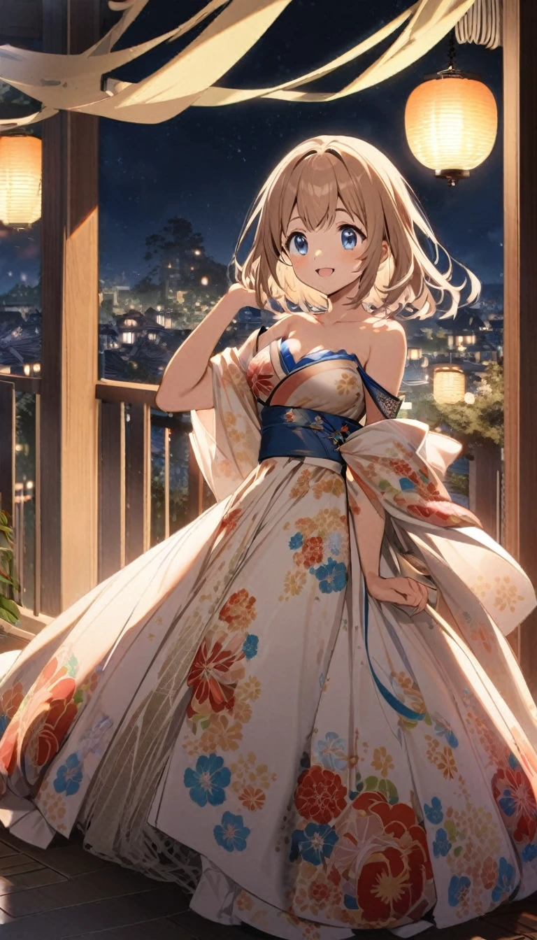 1girl,light brown color medium length hair,tareme,(blue eyes)+,kind smile,medium breasts,fusion of floral print kimono and ball gown,balcony,night,cowboy shot,