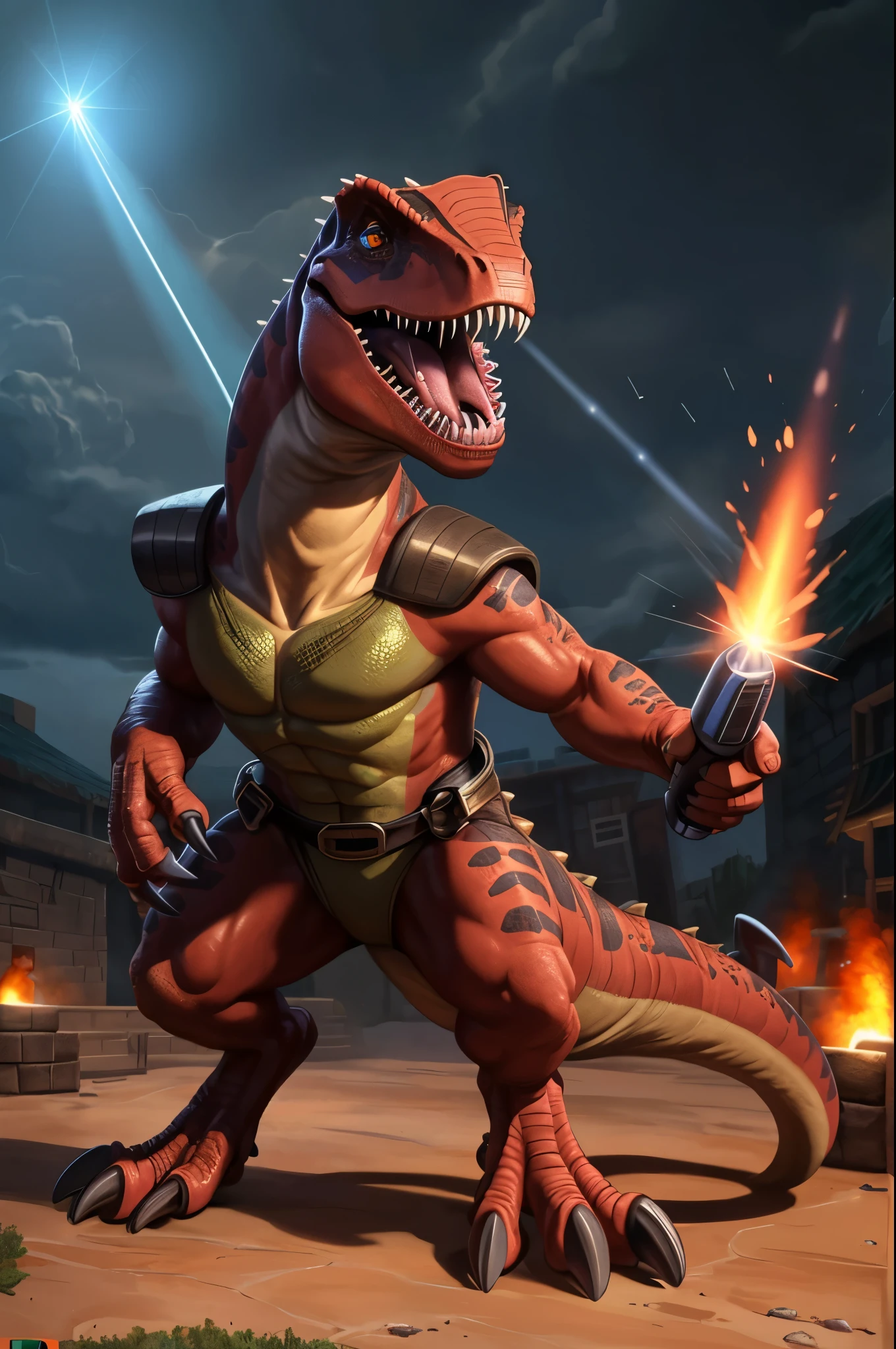 (((dinosaur character, full body, cinematic setting, lizard male))) Here I come, drop your jaws to the floor I'm riding on my (((mighty laser-shooting dinosaur))) Here we come, can you hear him roar? Prepare for epic fight and his (((laser missiles))) The sound is boom, boom, boom for every time a goblin dies Let's sing now, here we go, hear my battle cries (((Made of metal))) from the moon Assembled by samurai His battery gets charged by thunderstorm With most advanced AI Devouring trolls and unicorns From his maw there comes a flame Burning away our enemies And therefore we proclaim BREAK, detailed background, 8K, (masterpiece:1.5), intricate details, highly detailed, extreme detail, octane render, fine art, best quality, highres, (detailed face:1.5), ((full_body)), UHD, (((perfect hands))), low light