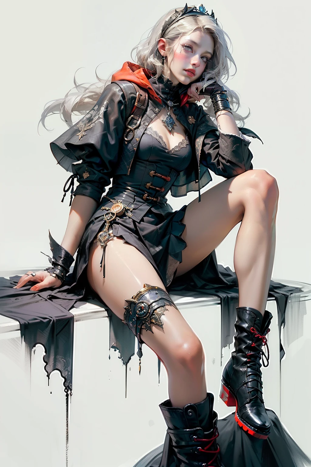 ((best quality)), ((masterpiece)), (detailed), perfect face, hand drawn style, hand painted style, watercolour, sketch, a knight, white background, plain background, Bloodborne inspired, tatty Bloodborne attire, occult aesthetic, occult, tatty red and white clothing detailed and intricate steampunk and detailed gothic lolita (with a hood), diadems, long coat, Complex laced boots, Fluttering lace flared long knee length dress with frilly petticoats, long dress, knee length dress, pleated petticoats, lolita dress, petticoats gothic lolita, beautiful small breasts, (((( Highly detailed face))), small thin nose, Small thin lips mouth, (((Very sharp focused eyes))), Very large slit precision pale grey eyes that shine like jewels. very long eyelashes, Silver hair swaying in the wind, Emitting a dazzling light in a mandala pattern, white background, Very dramatic and cinematic lighting, tatty damaged old red and white clothing, full body, whole body, body, cosmic horror, grim dark