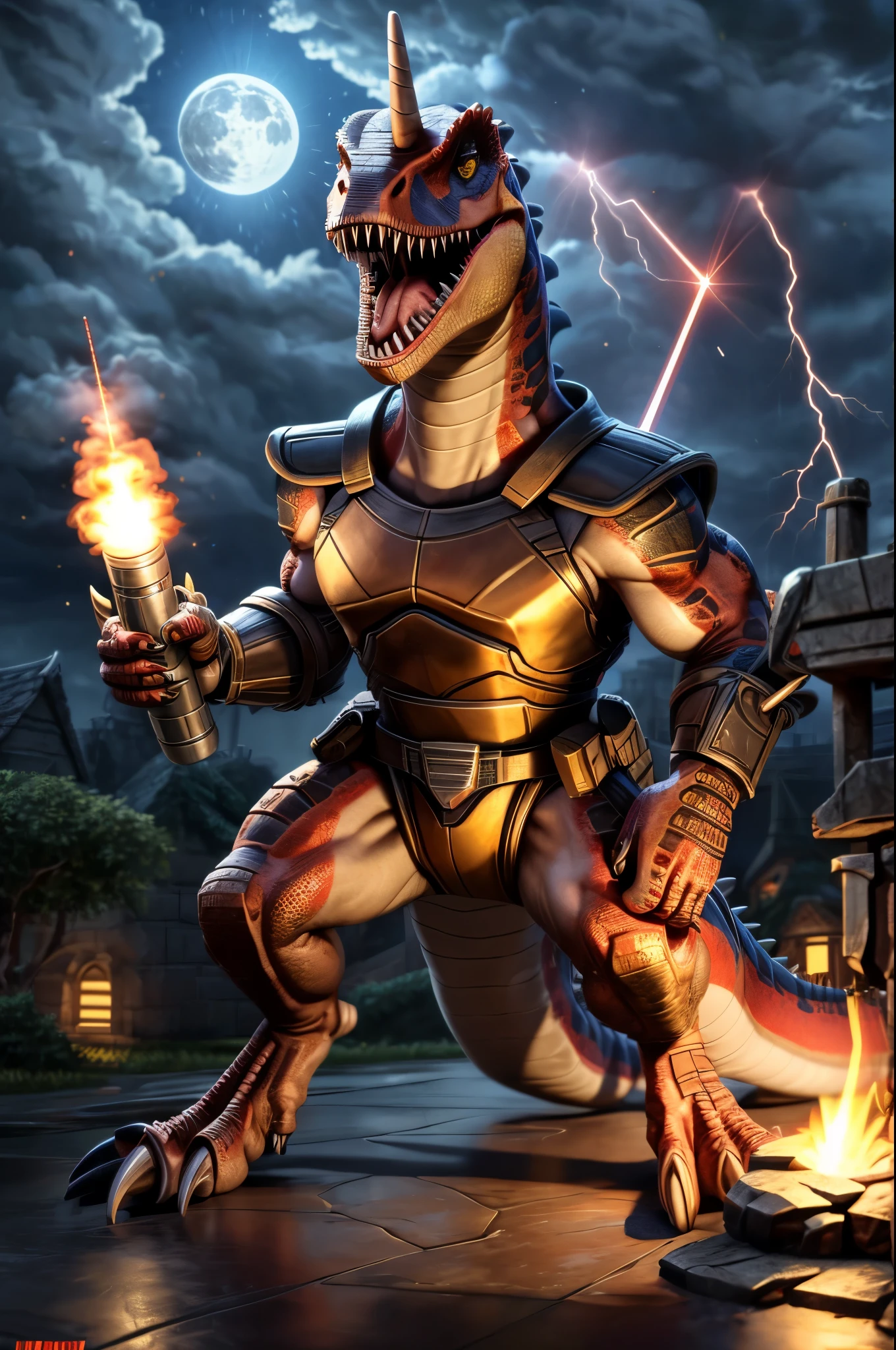 (((dinosaur character, full body, cinematic setting, lizard male))) Here I come, drop your jaws to the floor I'm riding on my (((mighty laser-shooting dinosaur))) Here we come, can you hear him roar? Prepare for epic fight and his (((laser missiles))) The sound is boom, boom, boom for every time a goblin dies Let's sing now, here we go, hear my battle cries (((Made of metal))) from the moon Assembled by samurai His battery gets charged by thunderstorm With most advanced AI Devouring trolls and unicorns From his maw there comes a flame Burning away our enemies And therefore we proclaim BREAK, detailed background, 8K, (masterpiece:1.5), intricate details, highly detailed, extreme detail, octane render, fine art, best quality, highres, (detailed face:1.5), ((full_body)), UHD, (((perfect hands))), low light
