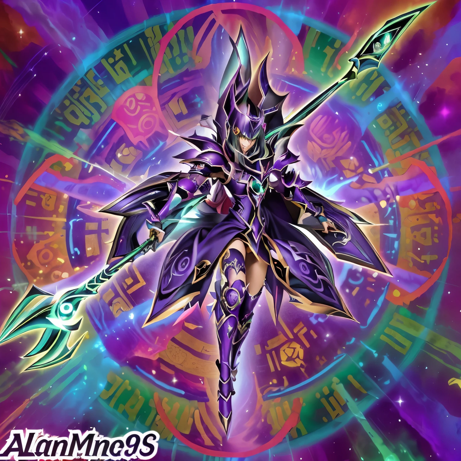 una imagen de un personaje de anime morado y verde con una espada, yugioh art style, Estilo Alex Gray, estilo yugioh, aura de oscuridad, galactic deity, Chica Maga Negra, Holographic sheet!, estilo de espada fantasma, obra de arte de yugioh, mystical anubis valkyrie, estilo de arte arcano, dios legendario sosteniendo lanza,  ⃣ → Dark Spectrum Prime