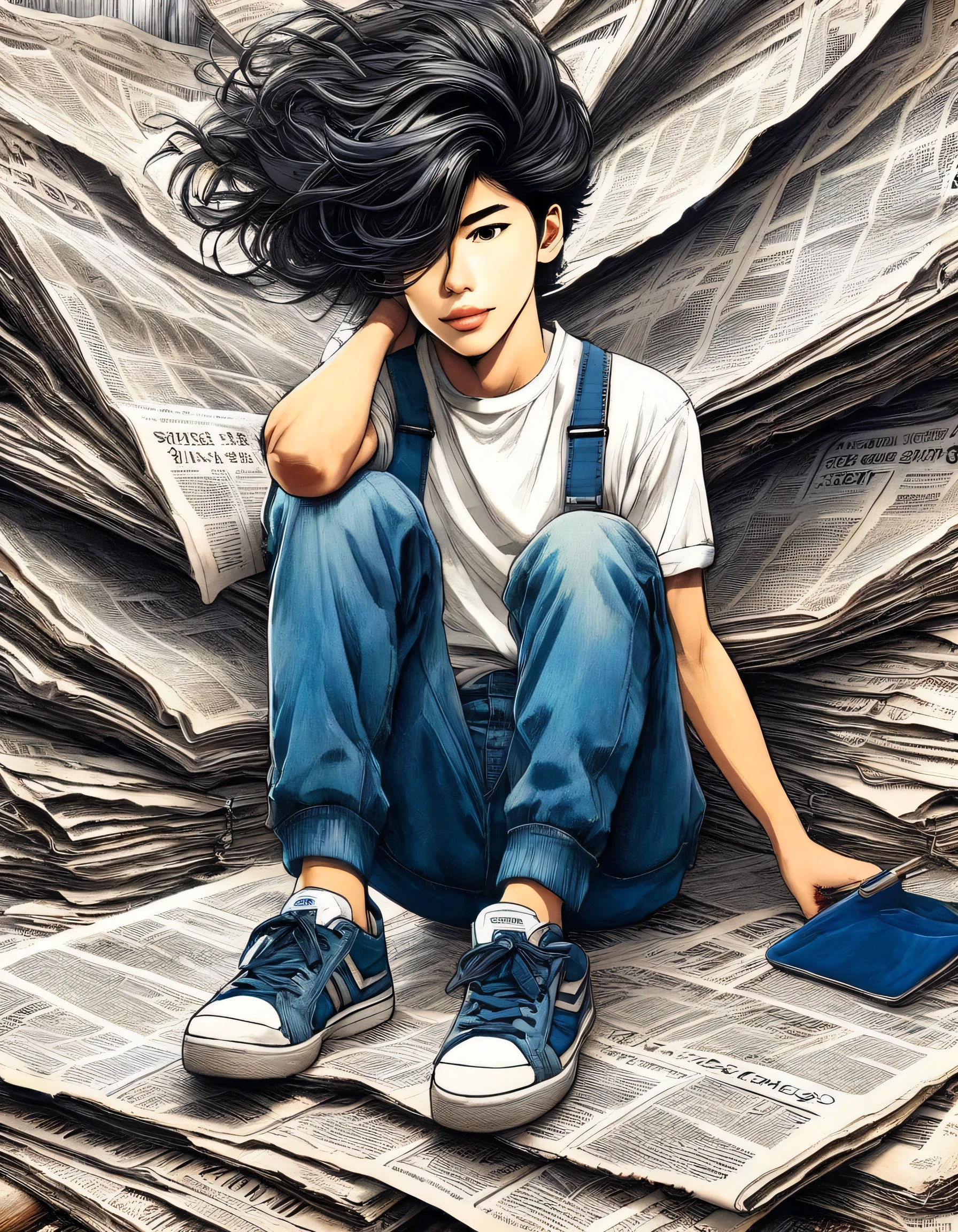 (desenho de grafite: 1.3), (Girl sitting cross-legged on old newspaper mountain in basement), (She wears denim suspenders), Young and wild Asian face, somewhat mixed race guy, (fechado), (Queixo ligeiramente quadrado: 0.4), super long messy hair, (lazy), um pouco como Vivian, rosto perfeito, Olhos finos ligeiramente estreitados, sports shoes, Fundo: The basement is covered with many old newspapers and dilapidated walls, Estilo de anime dos anos 90, silhueta arrojada, graphic art, arte de linha, Preto e branco, arte de linha with pen pressure, ink pen drawing with pen pressure, Pen Pressure Calligraphy Pen, G-pen style with pen pressure, hand drawn bold lines, Alto contraste, even model,