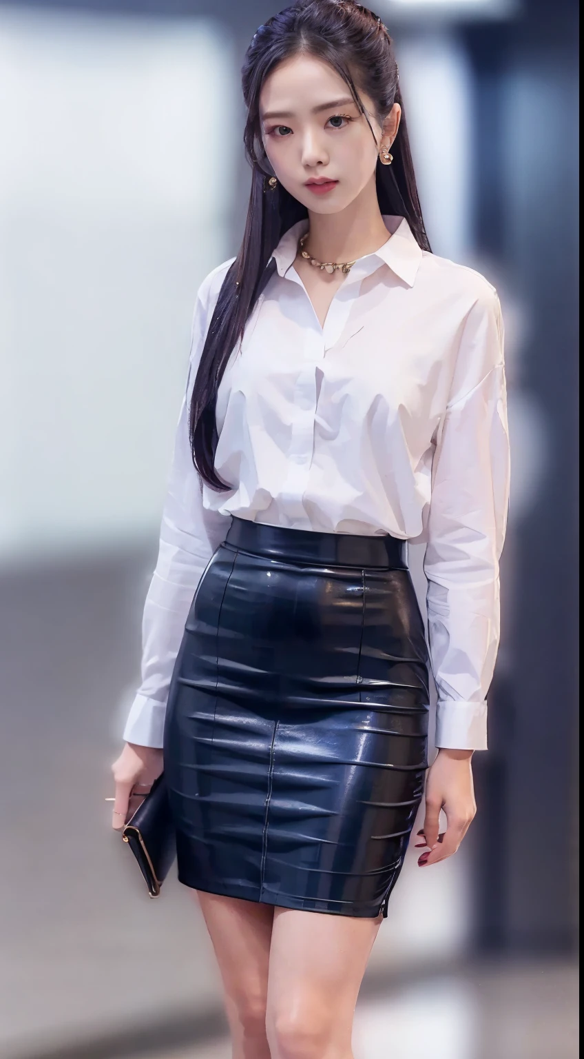 outstanding，4K quality，An Allard woman in a white shirt and gray dress stands in front of a floor-to-ceiling window, wearing elegant outfits, Business clothes, korean women's fashion model,office clothes, grey suit，white shirt and grey skirt, wearing tight simple clothes, female in office dress, wearing  shirt, wearing elegant casual clothes, business outfit, elegant clothes, wearing business casual dress, white silky outfit，high-heels