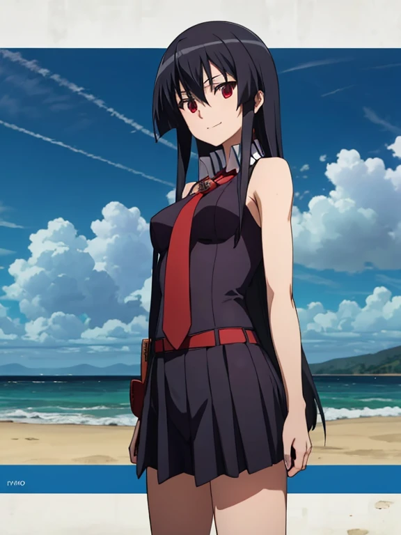 solo, 1 chica, mirando al espectador, 2d, animado, animado coloring, parte superior del cuerpo, akame, corbata, sin mangas, mirando al espectador, boca cerrada, little smile, solo, Cielo nocturno, playa, arm behind head, mano en la cadera, contrastado, extender las axilas,