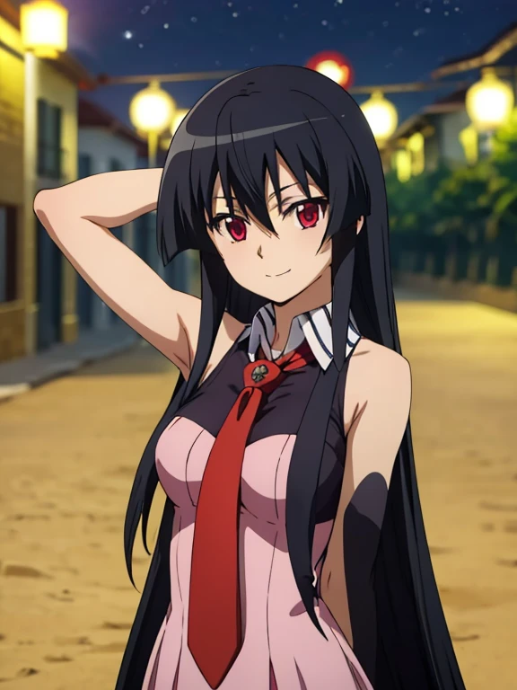 solo, 1 chica, mirando al espectador, 2d, animado, animado coloring, parte superior del cuerpo, akame, corbata, sin mangas, mirando al espectador, boca cerrada, little smile, solo, Cielo nocturno, playa, arm behind head, mano en la cadera, contrastado, extender las axilas,