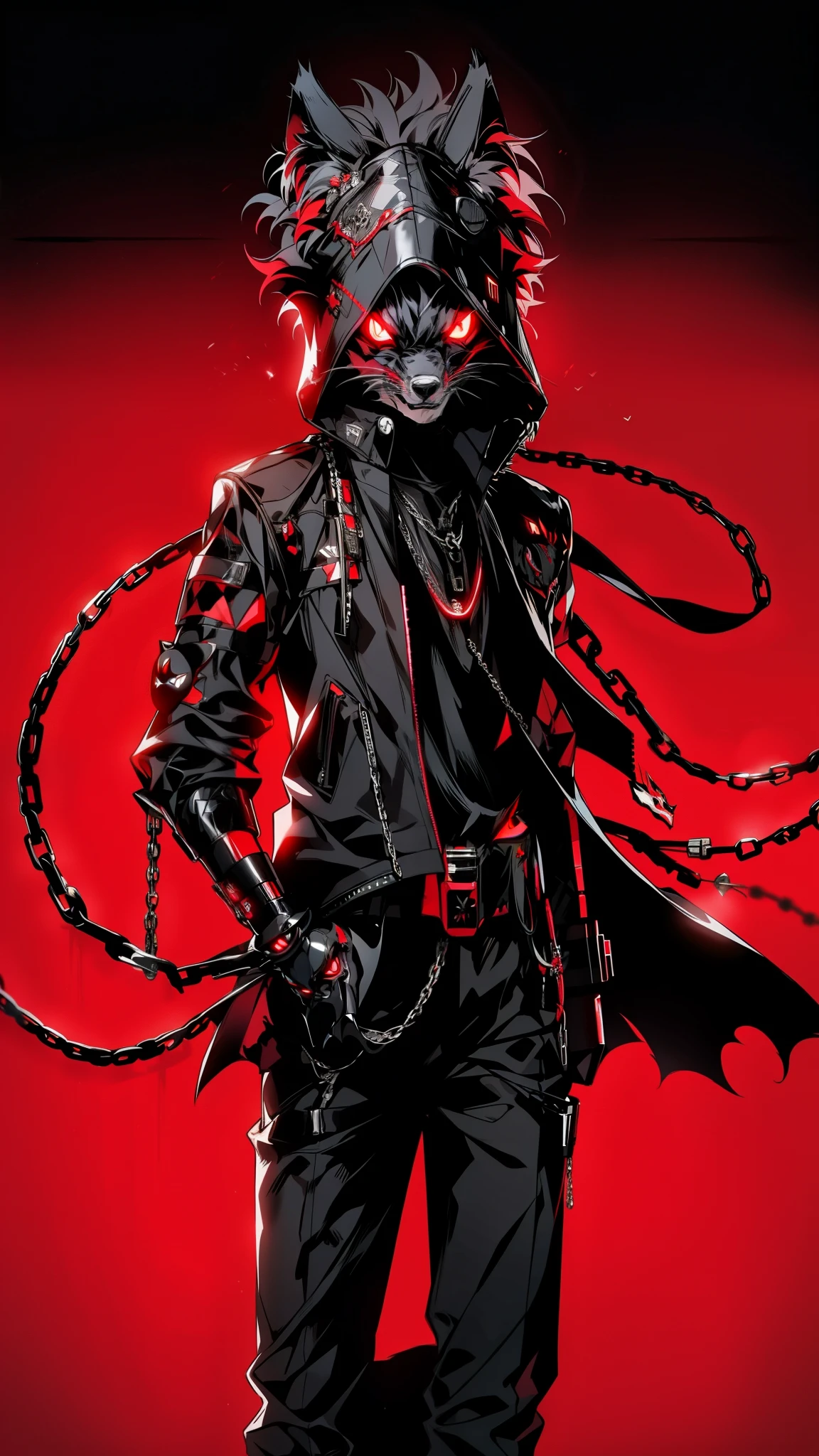 thin outlines, anime style, cool and edgy, A mysterious figure in a dark suit with robotic features, ((holding a chain)), ((wearing a high-tech wolf mask with glowing red eyes)), standing against a stark red background, dramatic lighting, cyberpunk, dark, sleek design, futuristic, fashionable, posing, colorful, confident, expression, accessory, coiled, around, stylish, striking, modern, fashion
