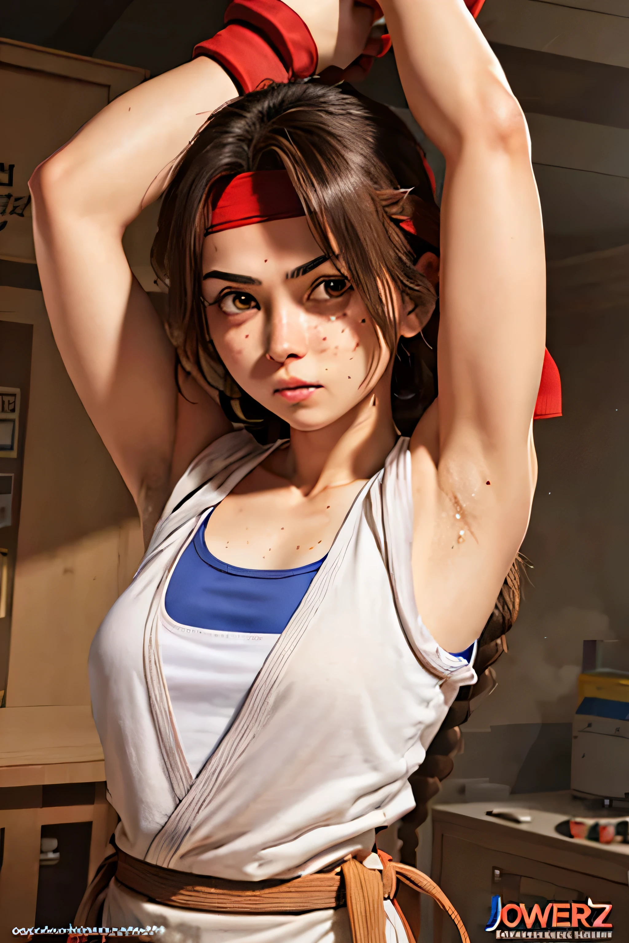 (masterpiece, best quality, high resolution, absurdities, unity 8K wallpaper, CG:1 extremely detailed:1), (illustration:1.0), 1girl((21 years, defined body, young woman, young adult, medium-big breasts)), solo, yurims, headband, dougi, spandex, gloves,,arms up,armpits, armpits,sweat,sweaty,sweaty armpits,awesome armpits,sweating ,sleeveless,exhausted,tired, wearing arm bands,arms raised,very tired,sweating,arms raised,both arms raised,sweaty,red arm warmers,red arm bands