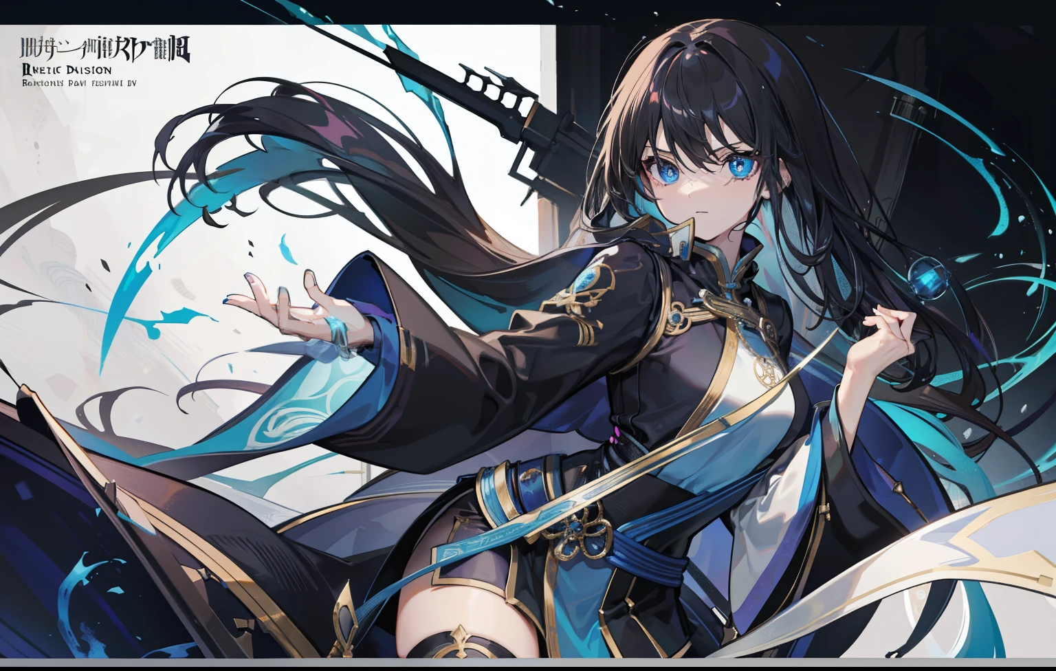 1 person, Reference table, (Fantasy character design, front, retreat, side) Feminine, assassin, Dark device users, In terms of body shape, Have no sting in it. Magical blue eyes, Black long hair, Neatly stored. 瘦assassin服装.
