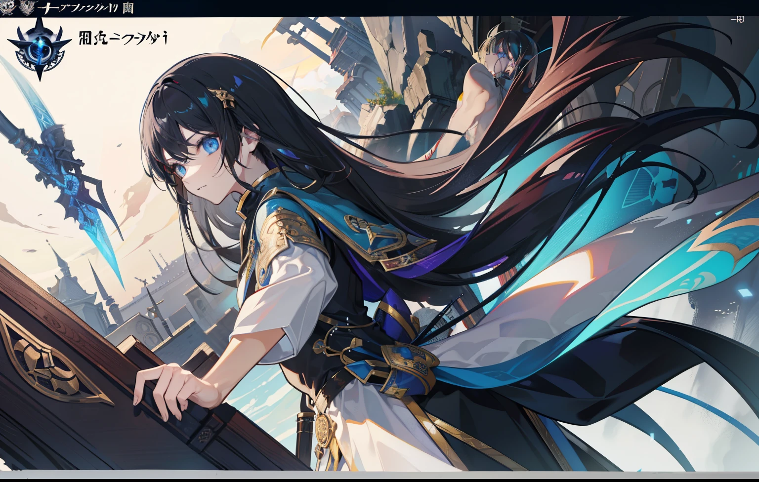 1 person, Reference table, (Fantasy character design, front, retreat, side) Feminine, assassin, Dark device users, In terms of body shape, Have no sting in it. Magical blue eyes, Black long hair, Neatly stored. 瘦assassin服装.