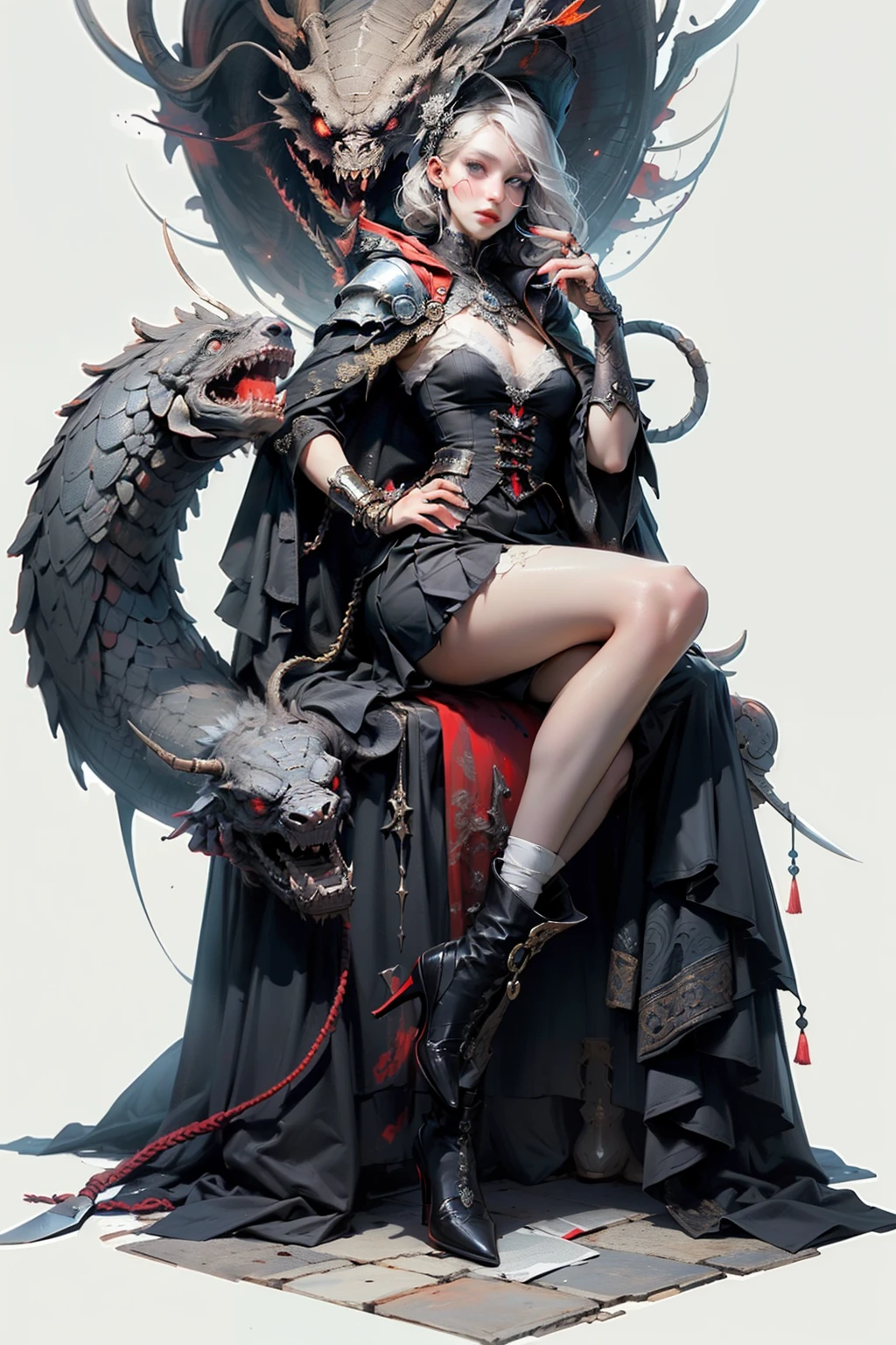 ((best quality)), ((masterpiece)), (detailed), perfect face, hand drawn style, hand painted style, watercolour, sketch, a knight, white background, plain background, Bloodborne inspired, tatty Bloodborne attire, occult aesthetic, occult, tatty red and white clothing detailed and intricate steampunk and detailed gothic lolita (with a hood), diadems, long coat, Complex laced boots, Fluttering lace flared long knee length dress with frilly petticoats, long dress, knee length dress, pleated petticoats, lolita dress, petticoats gothic lolita, beautiful small breasts, (((( Highly detailed face))), small thin nose, Small thin lips mouth, (((Very sharp focused eyes))), Very large slit precision pale grey eyes that shine like jewels. very long eyelashes, Silver hair swaying in the wind, Emitting a dazzling light in a mandala pattern, white background, Very dramatic and cinematic lighting, tatty damaged old red and white clothing, full body, whole body, body, cosmic horror, grim dark