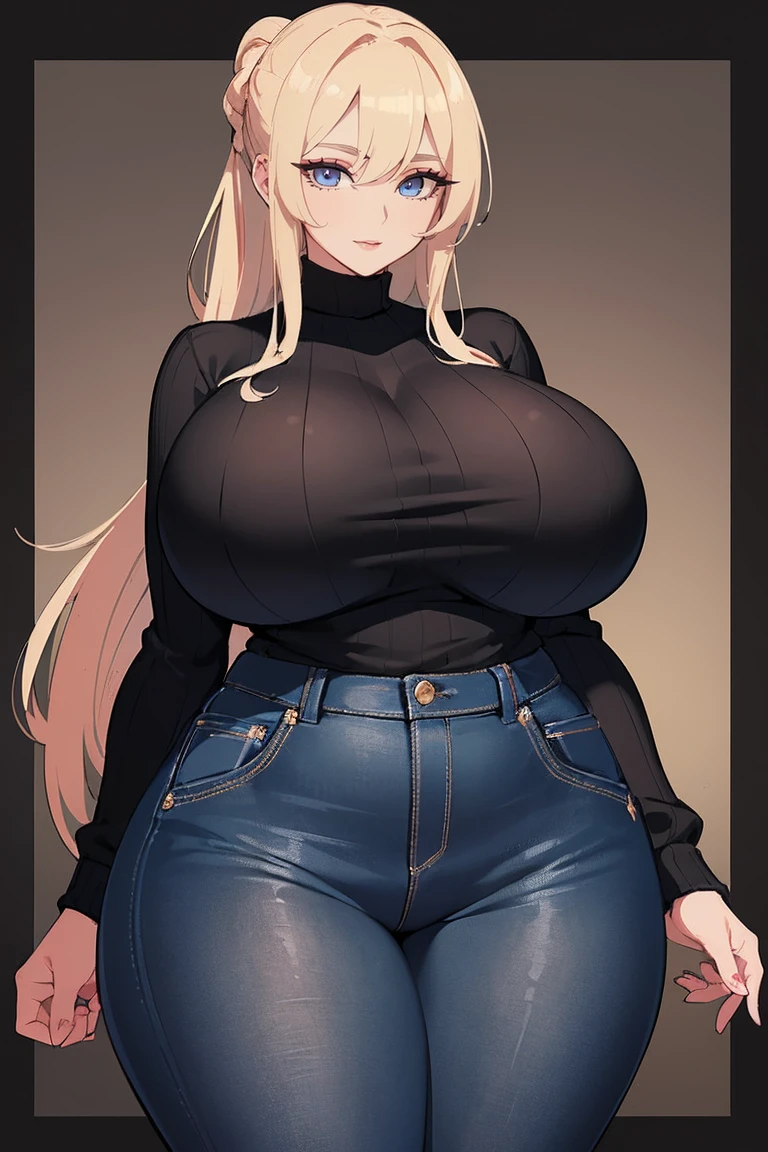 (Uhd, Masterpiece, Textured Skin, Super Detail, High Details, High Quality, Best Quality), Detailed Face, 1woman, mature pretty woman, ((Wide hips, thick thighs, massive huge breasts)), Blonde hair tied up, (Black sweater shirt), jeans, (Huge Body), (Hair tied)